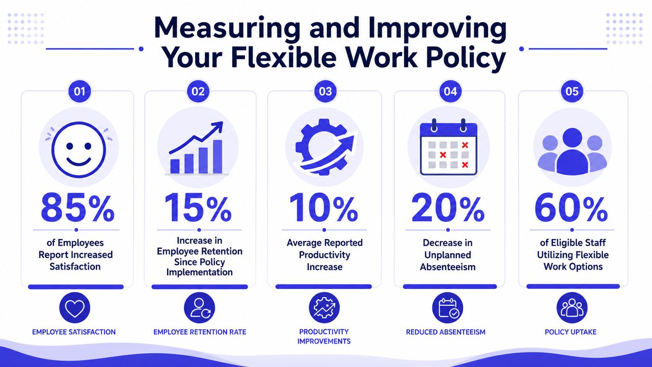 An infographic showing five key metrics for measuring and improving flexible working policies, including satisfaction, retention, productivity, absenteeism, and uptake.