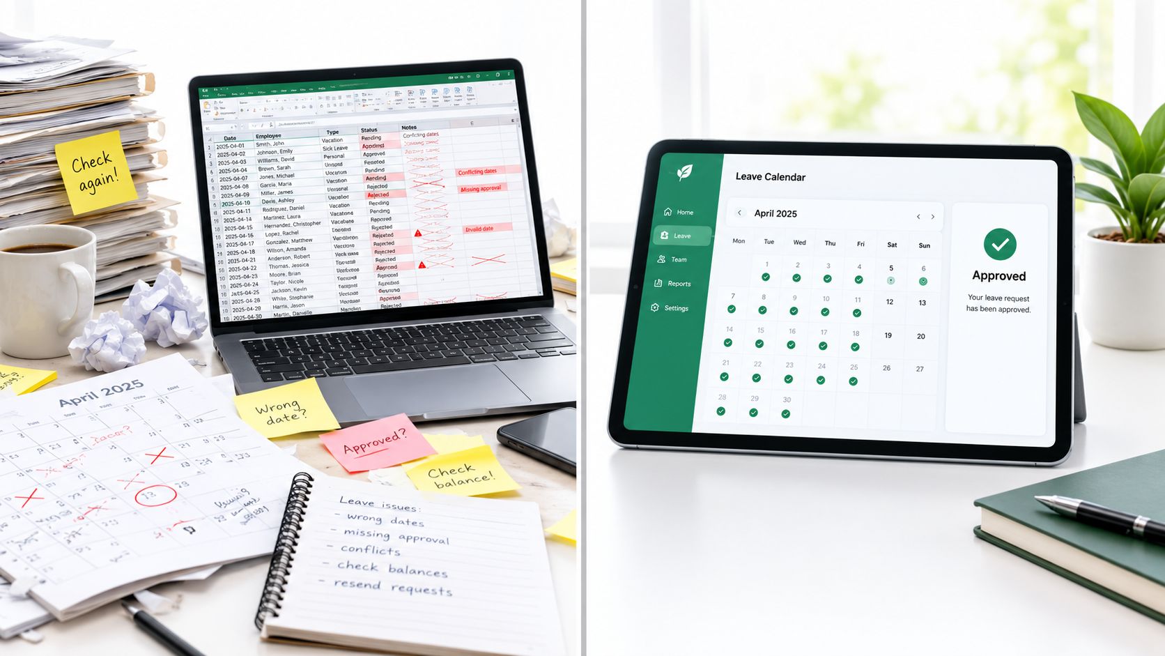 A split image showing a cluttered desk with chaotic paperwork versus a clean digital leave management app.