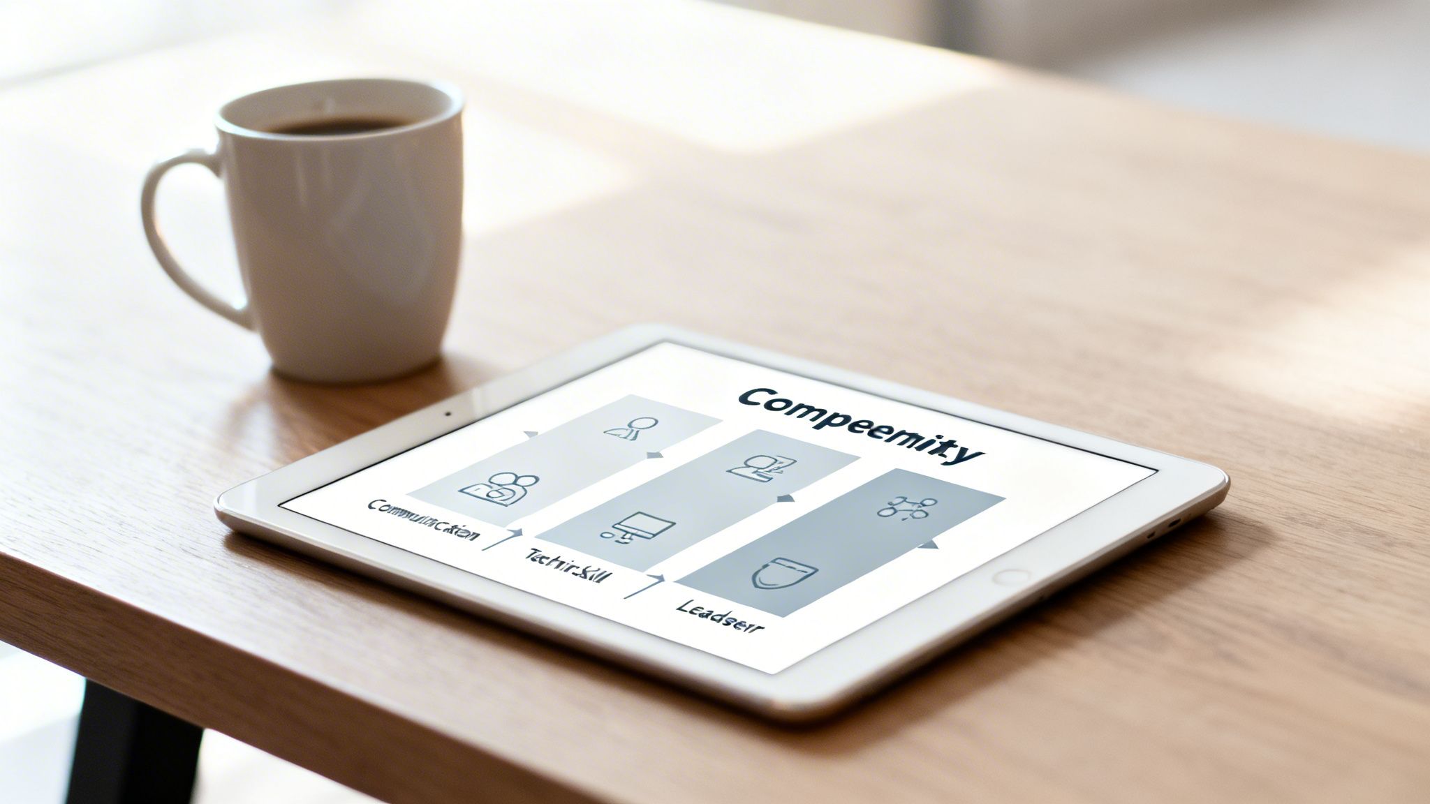 A tablet displays a 'Compeemity' diagram showing communication, tech skills, and leadership stages, with a coffee mug.