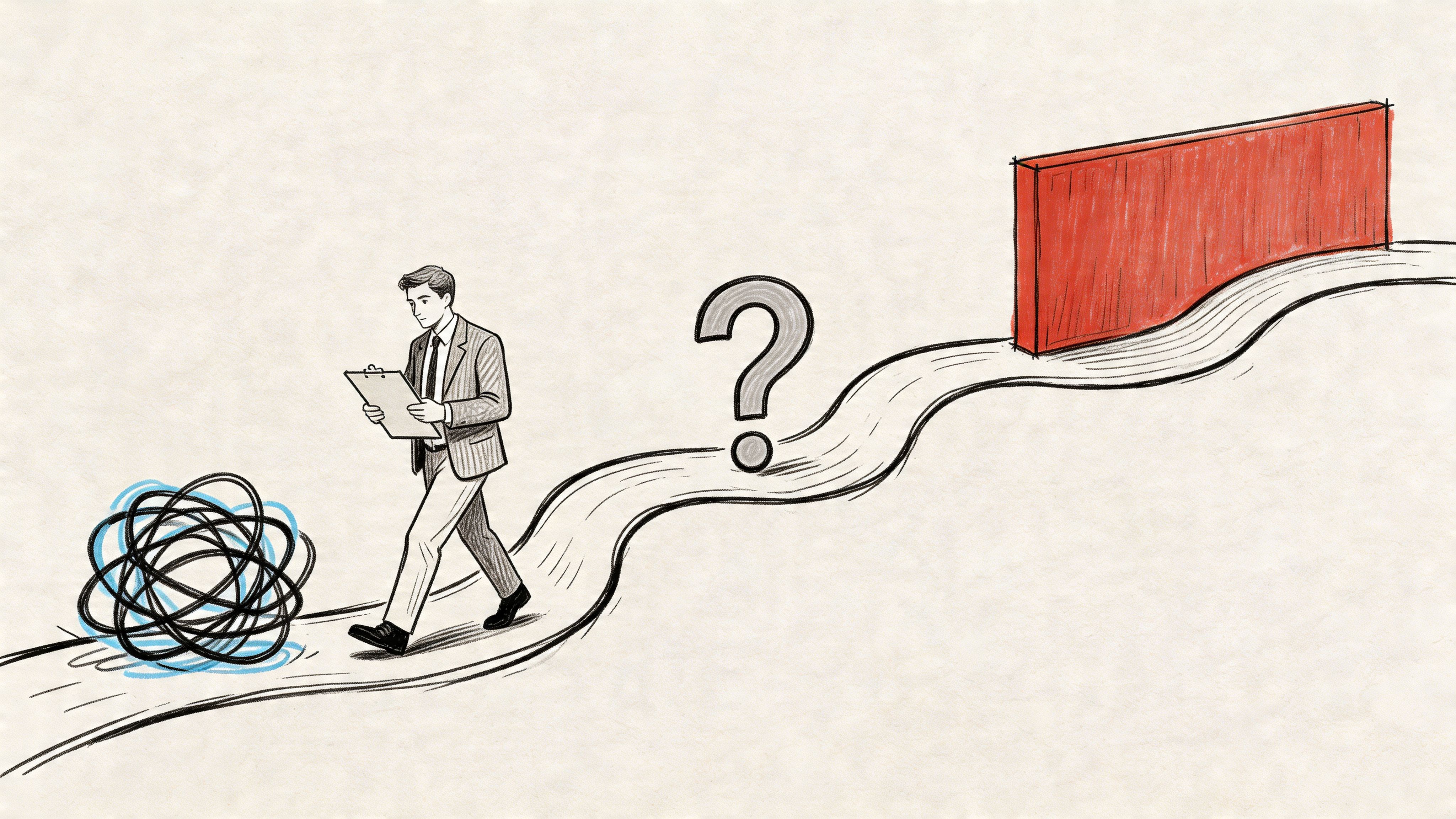 A professional man walking on a path from a tangled mess toward a red block wall.