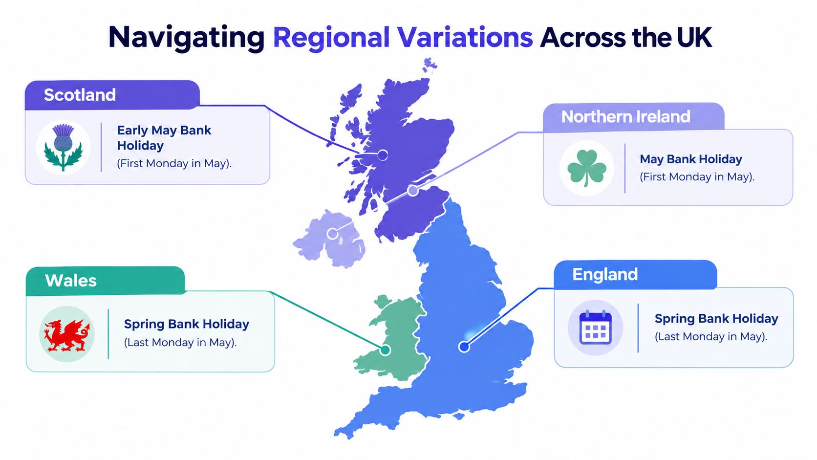 A map of the United Kingdom showing regional variations for May bank holiday dates across different countries.