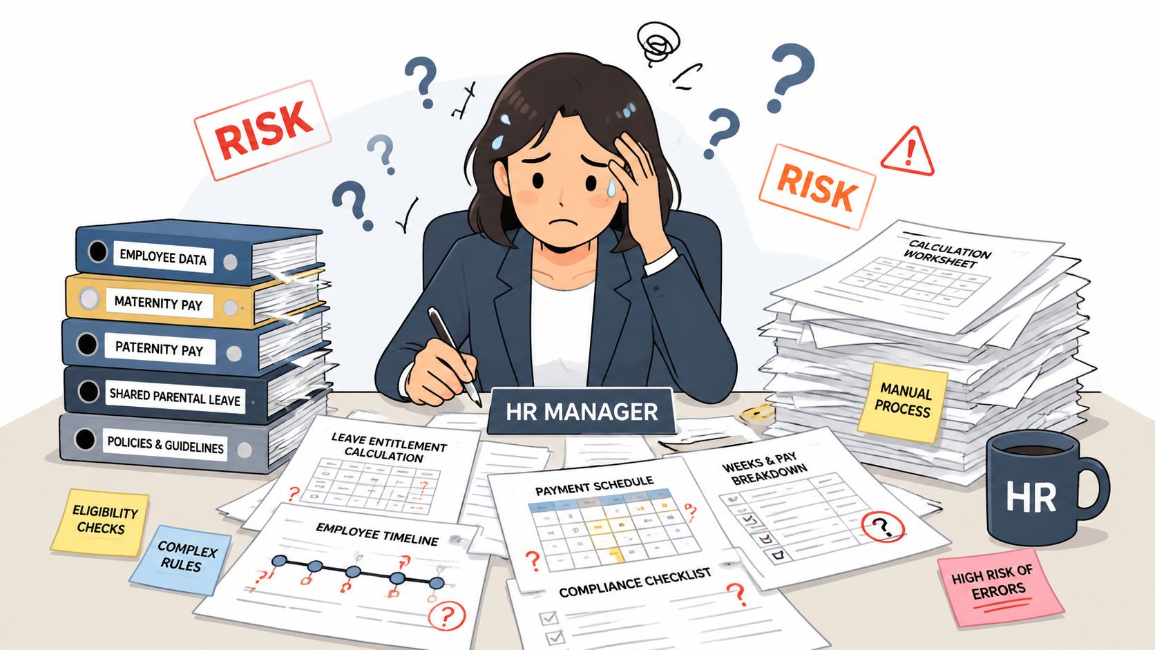 A stressed HR manager surrounded by stacks of paperwork, folders, and compliance forms regarding parental leave.