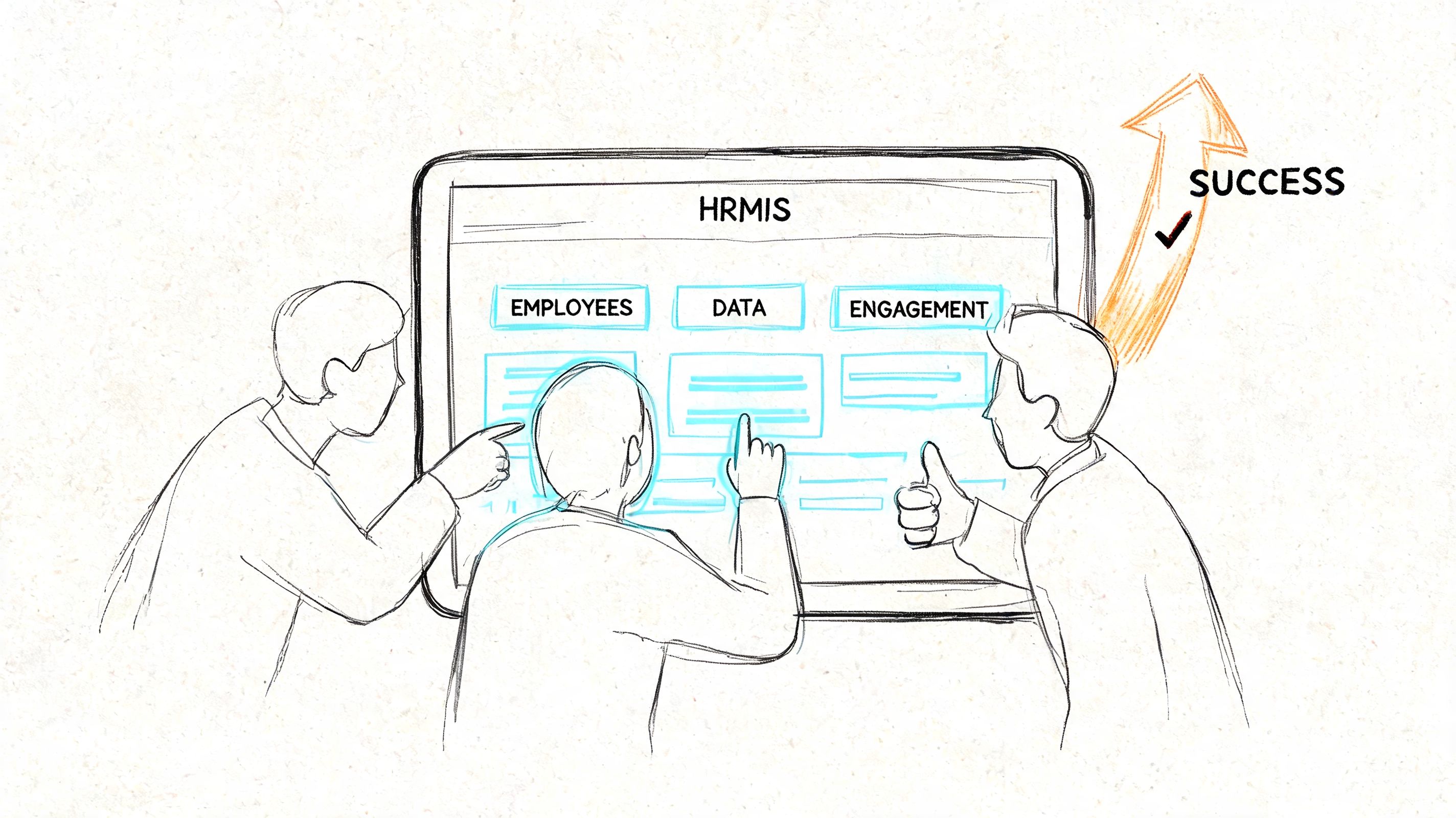 Three professional people collaborating and interacting with a digital human resource management information system dashboard display.