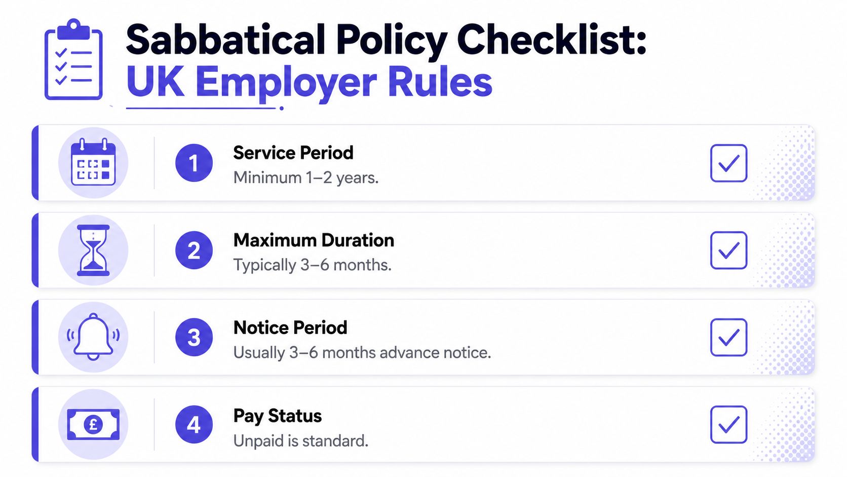 A checklist infographic outlining common UK employer sabbatical policy rules including service period, duration, notice, and pay.
