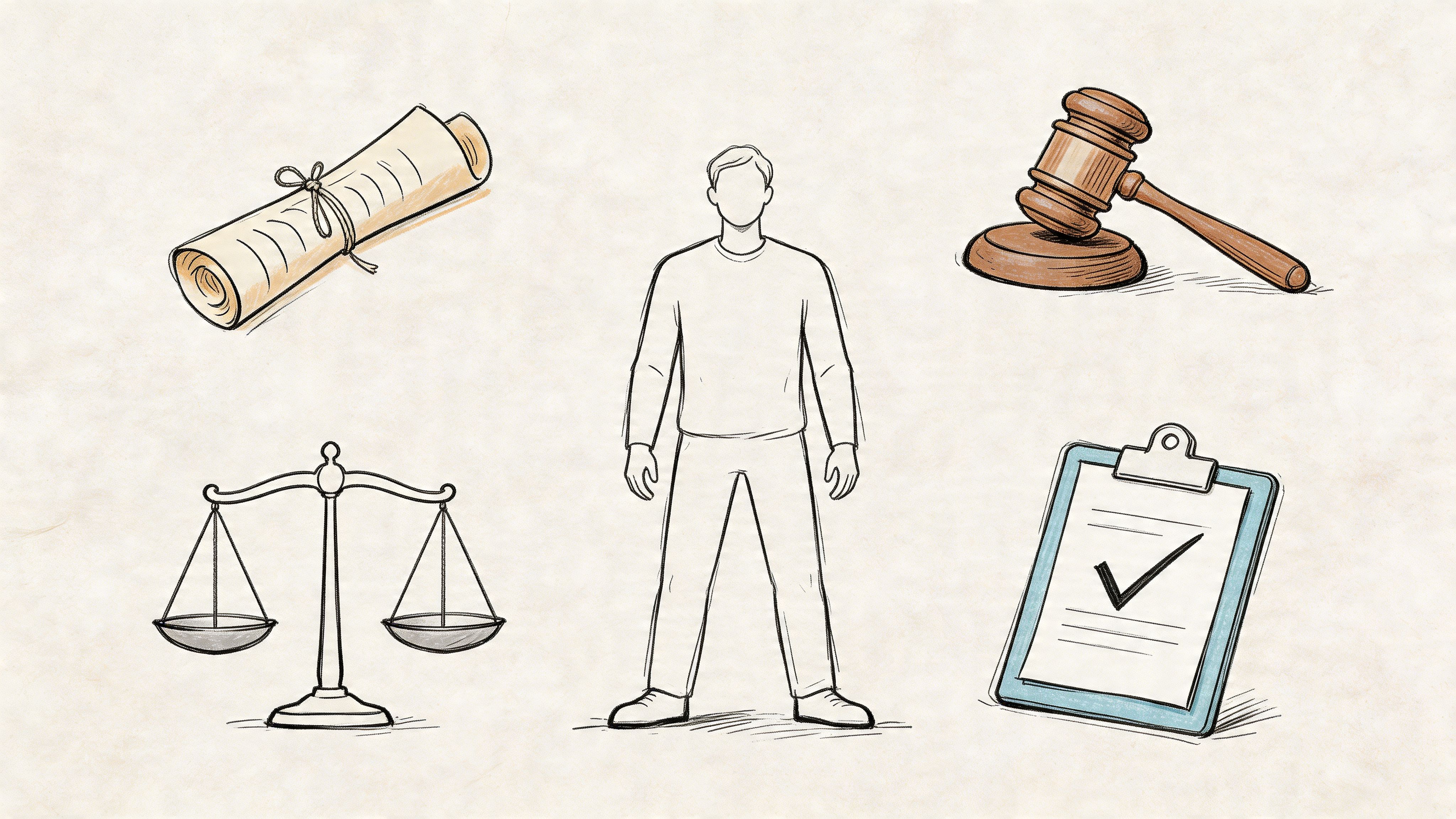 Legal icons including a scroll, gavel, scales of justice, and clipboard surrounding a central human figure illustration.