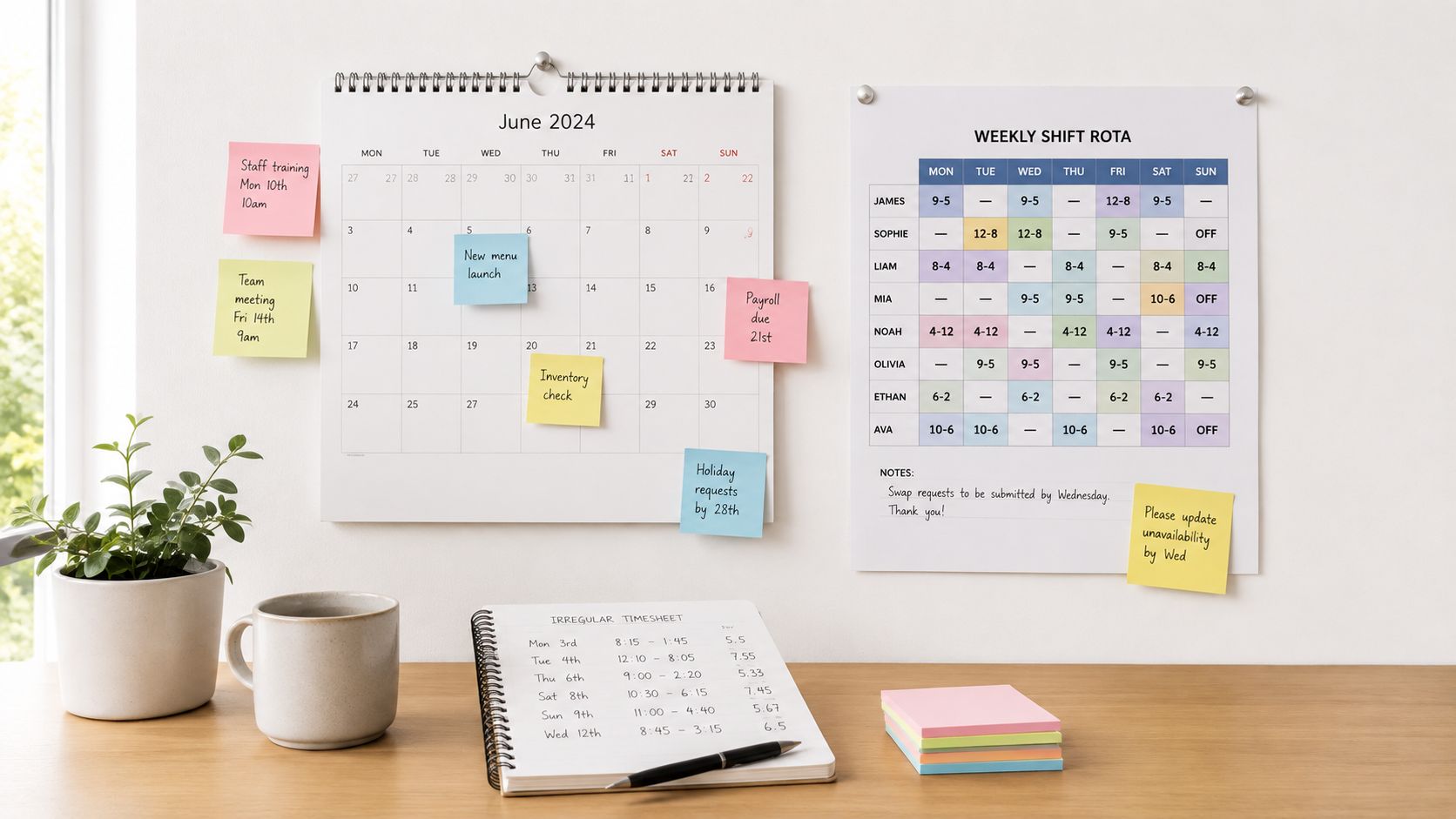A wooden desk featuring a June 2024 calendar, a weekly shift rota, and an irregular timesheet notebook.