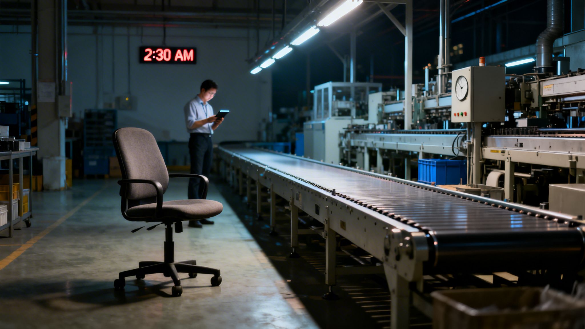 Man checking tablet in a factory with a conveyor belt and an empty chair at 2:30 AM.