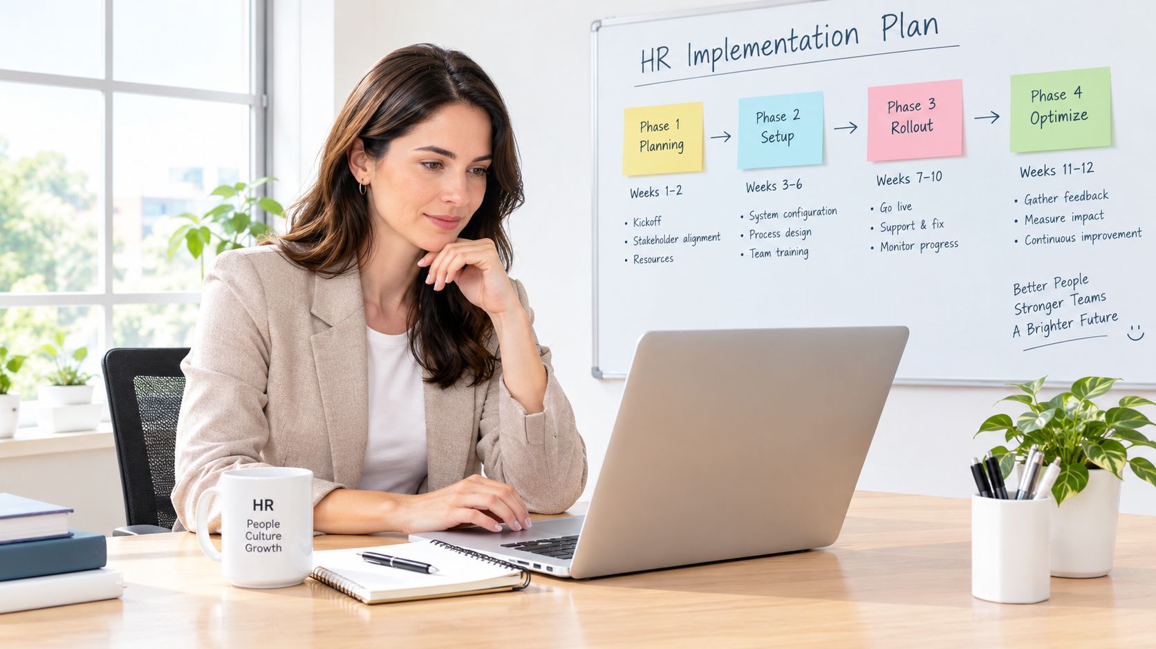A professional woman working on a laptop with an HR implementation plan chart on the wall behind.