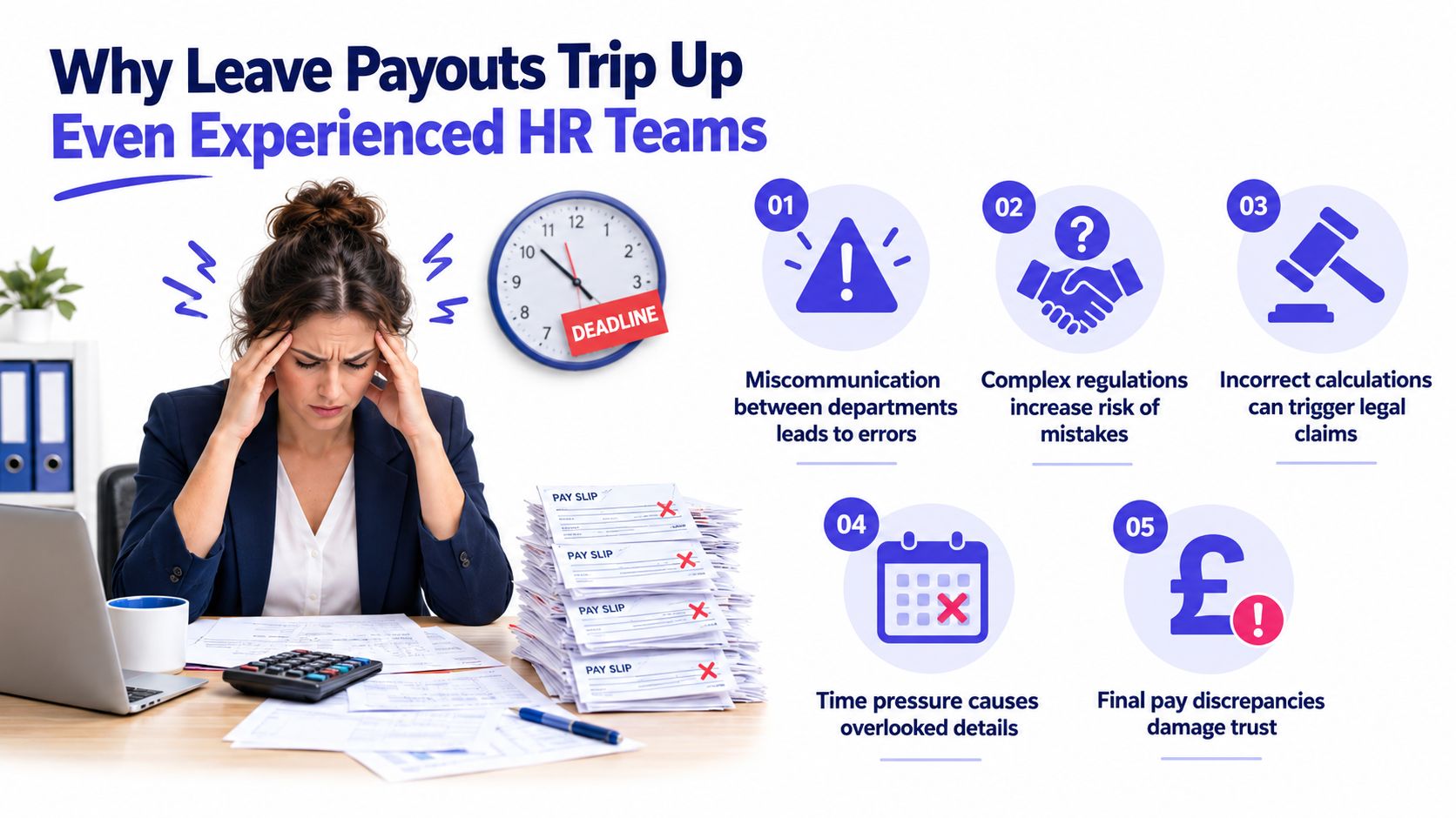 A stressed HR professional sits at a desk with paperwork, illustrating challenges in leave payout processing.