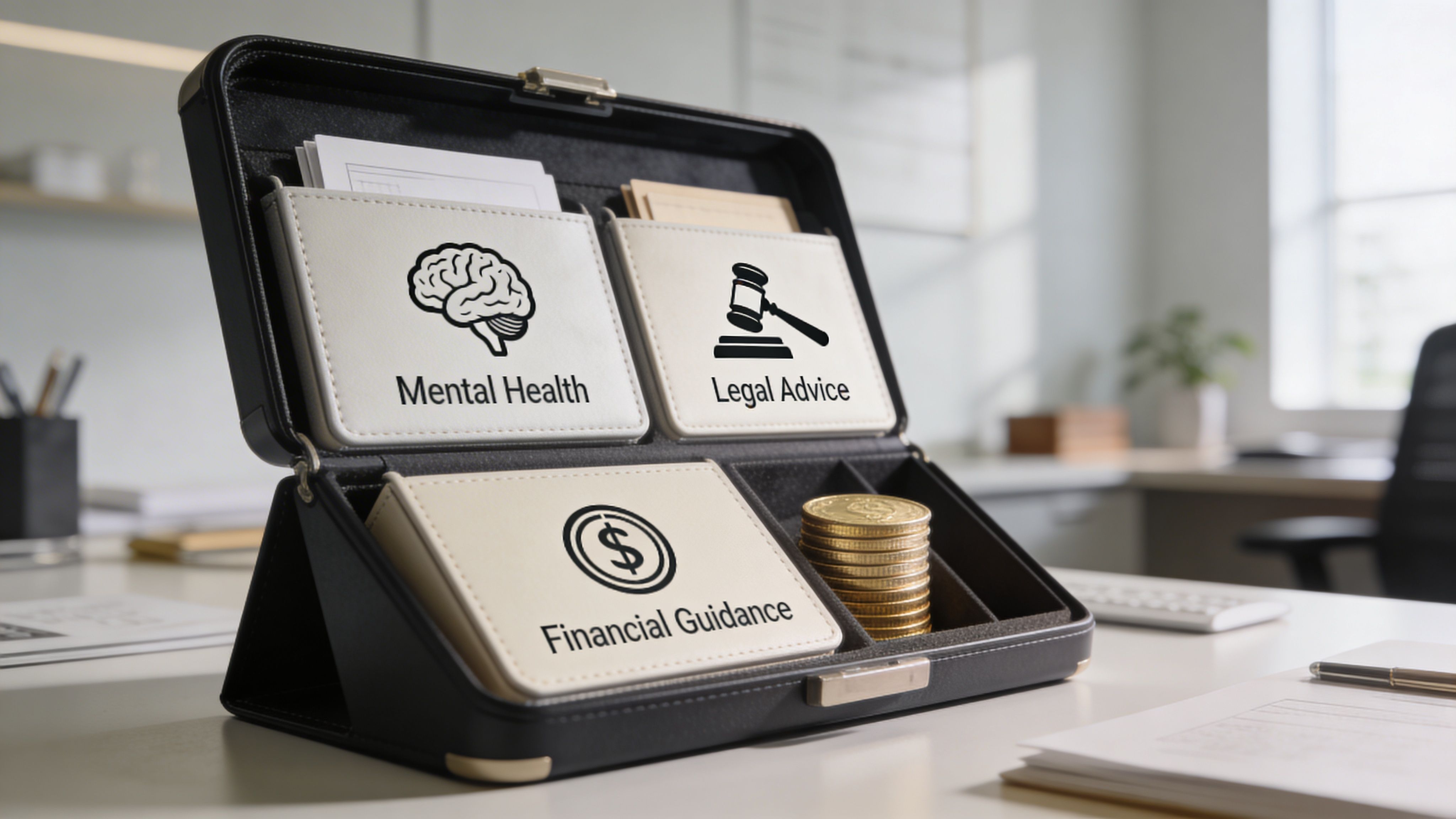 A professional desk organizer containing cards labeled for mental health, legal advice, and financial guidance support.