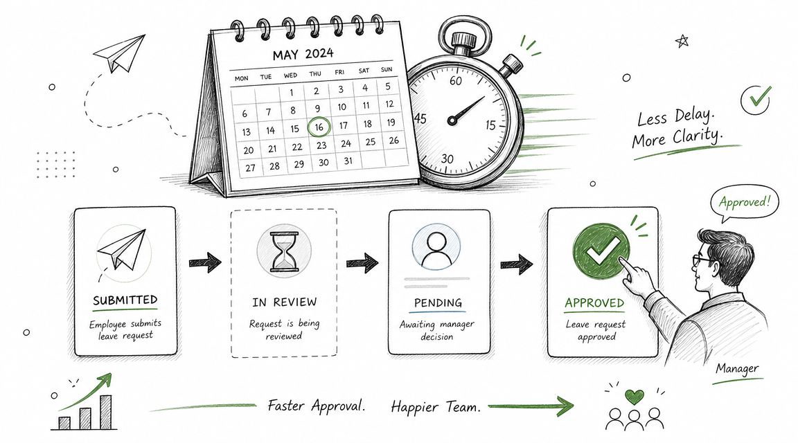A hand-drawn illustration showing a leave request workflow from submission to manager approval for HR process efficiency.