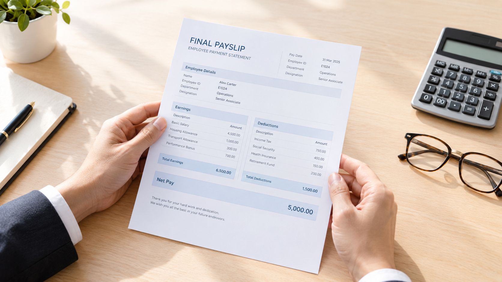 A person holding a final payslip document in an office setting with a calculator and glasses nearby.