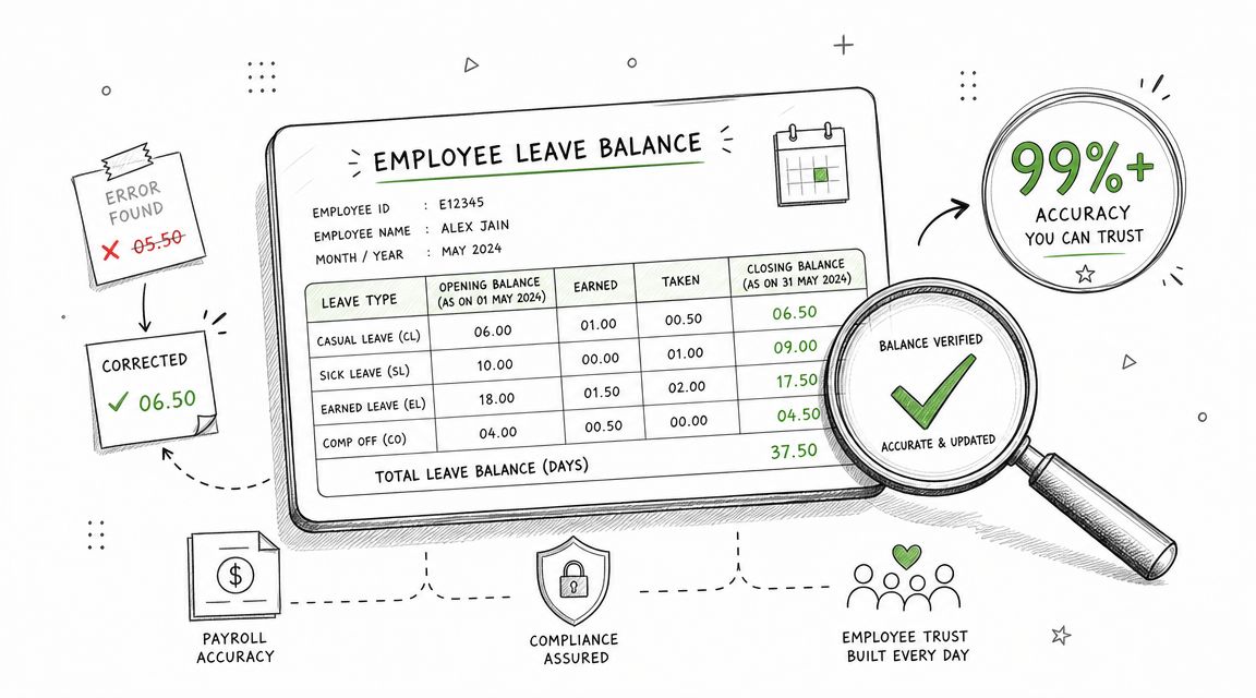 An infographic showing an employee leave balance sheet with accuracy verification and HR compliance metrics.