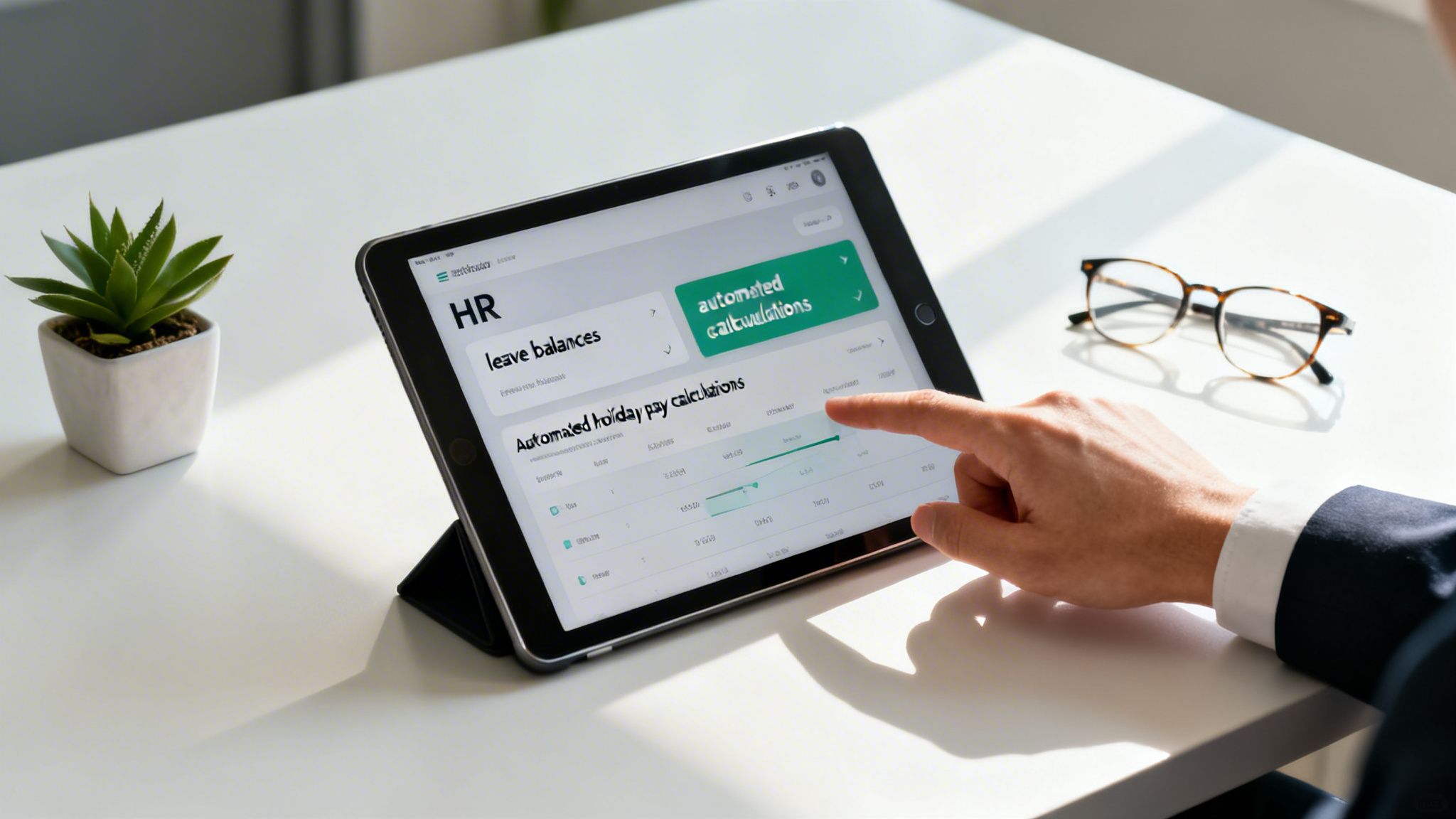 A person uses a tablet displaying an HR application for automated holiday pay calculations on a desk.
