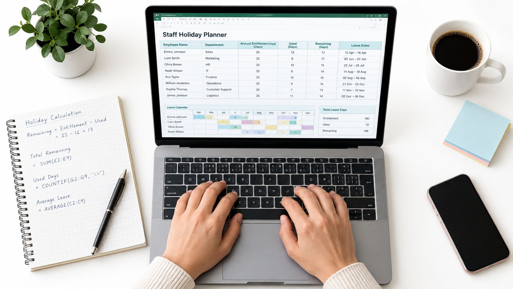 A person using a laptop to view a staff holiday planner spreadsheet with holiday calculations in a notebook.
