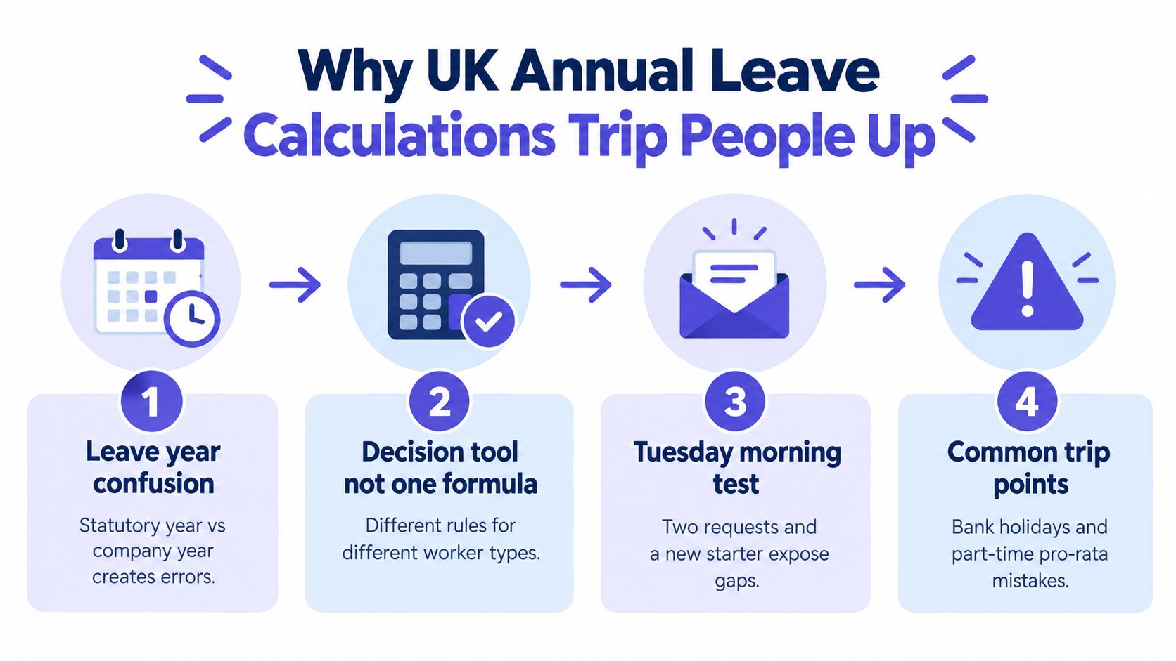 A four-step infographic explaining common pitfalls and complexities in UK annual leave calculations for employers.