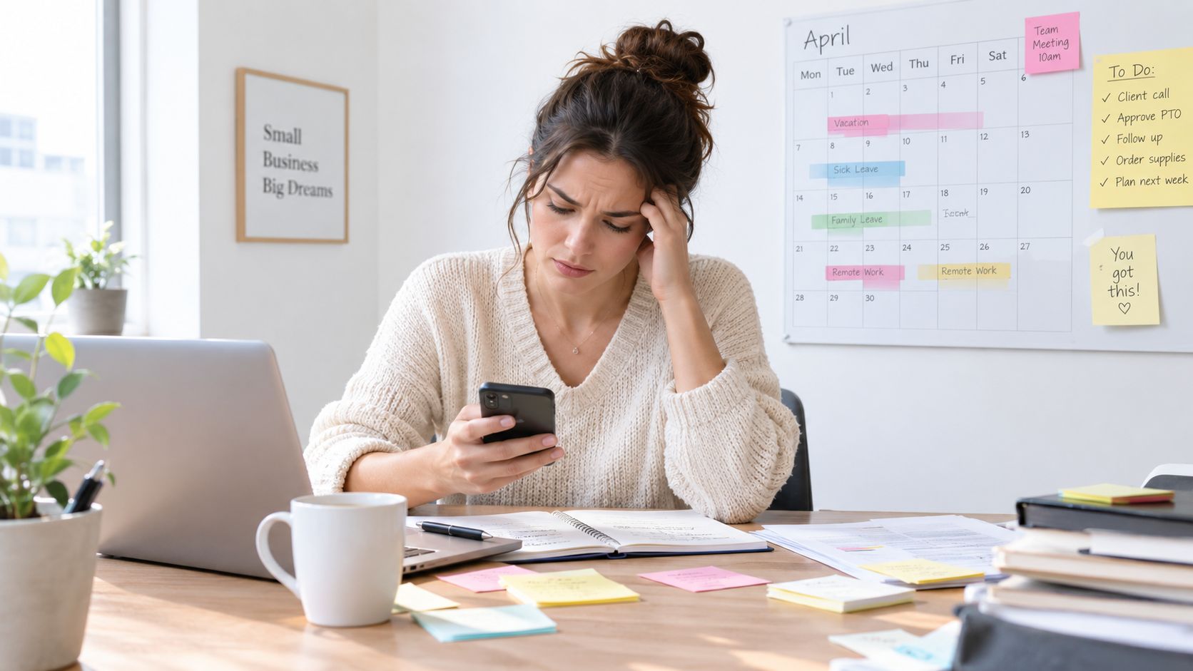 A stressed woman working at her desk while checking her smartphone in a busy office environment.