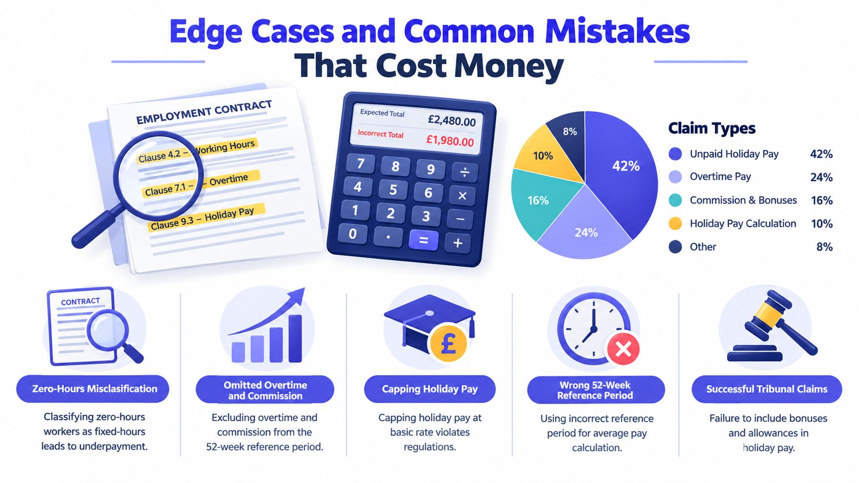 An infographic detailing common employment law mistakes related to payroll, holiday pay calculations, and tribunal claim types.