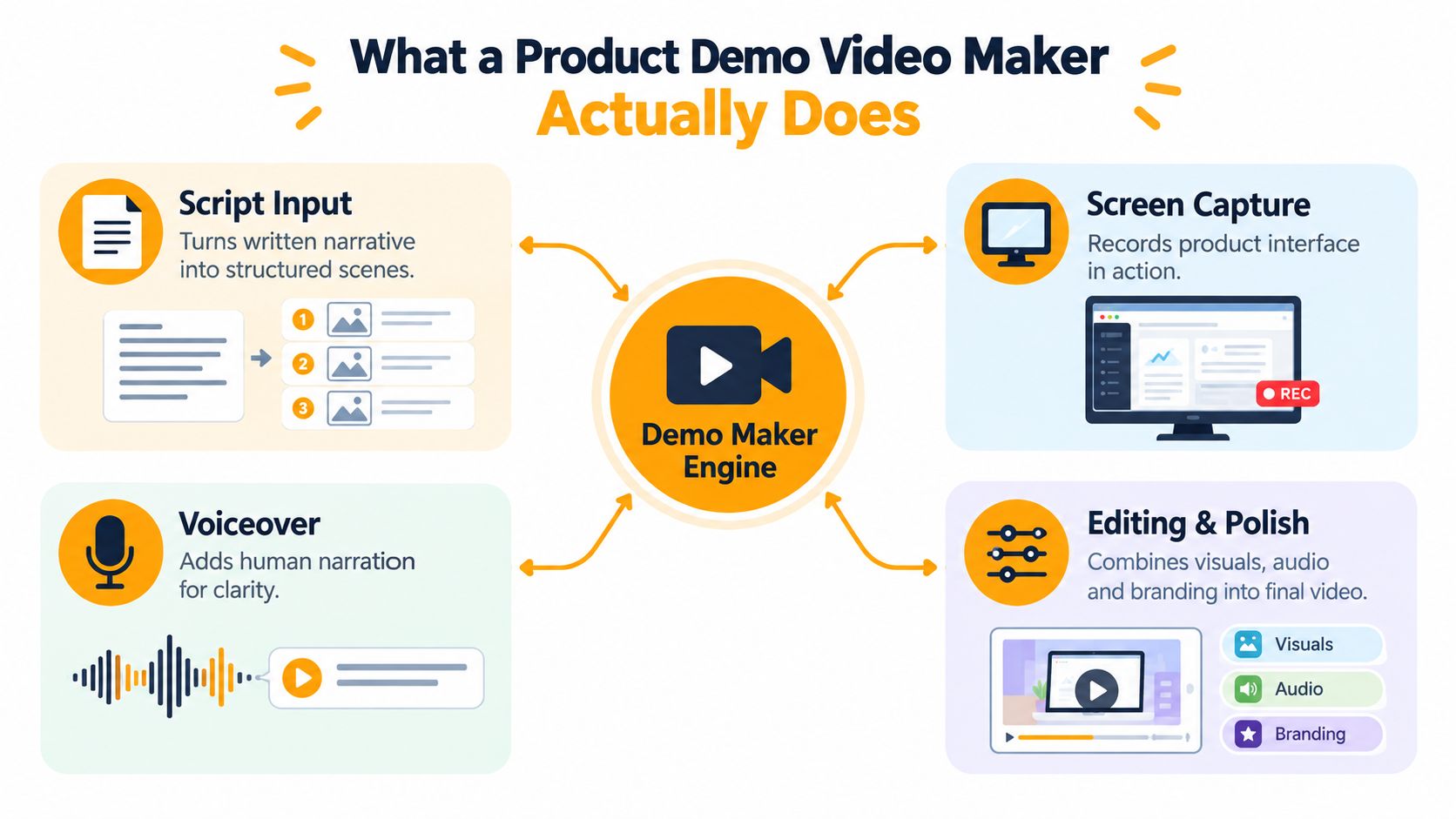 A diagram illustrating how a product demo video maker software works using script, capture, voiceover, and editing.