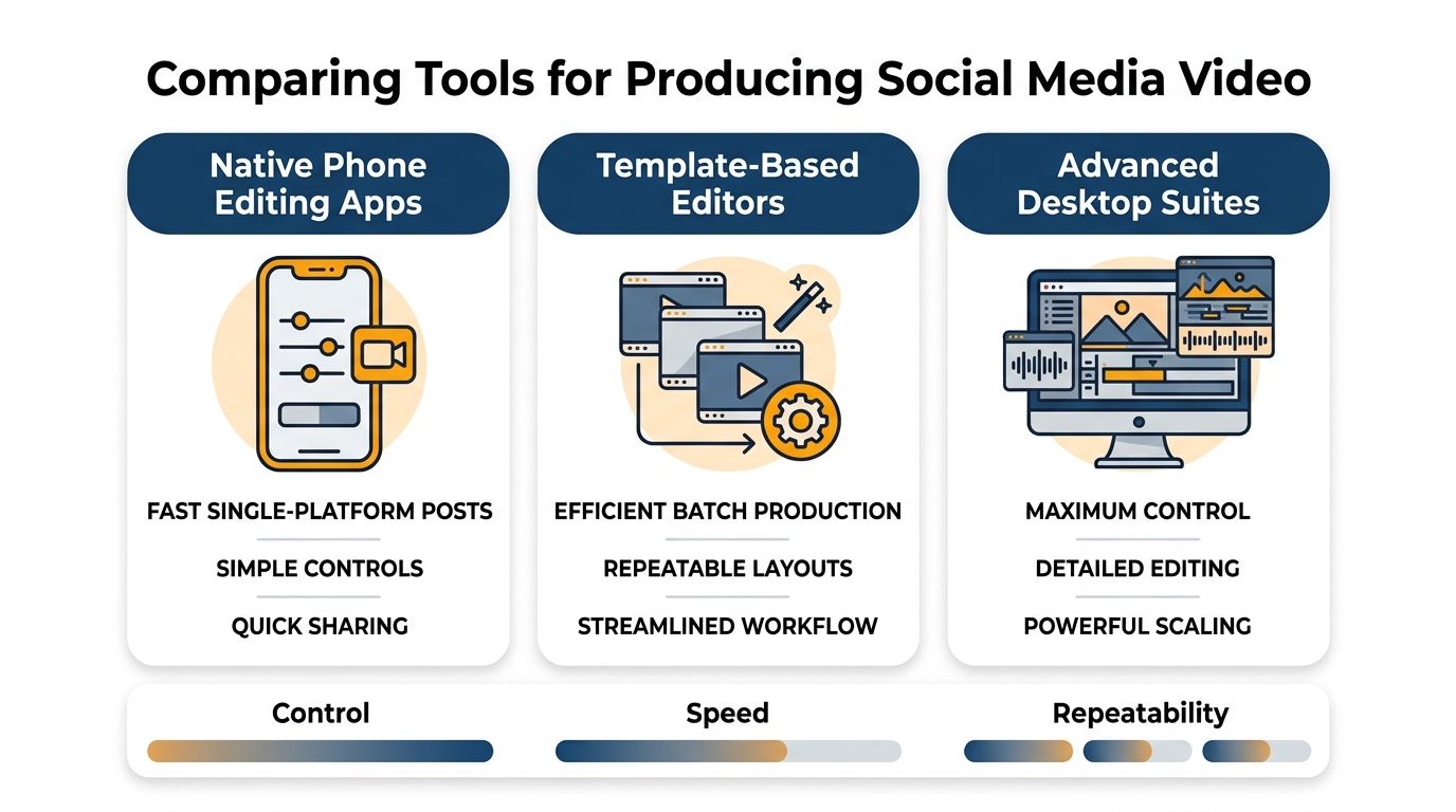 A comparison chart outlining the pros and cons of using phone apps, template editors, and desktop suites for video production.