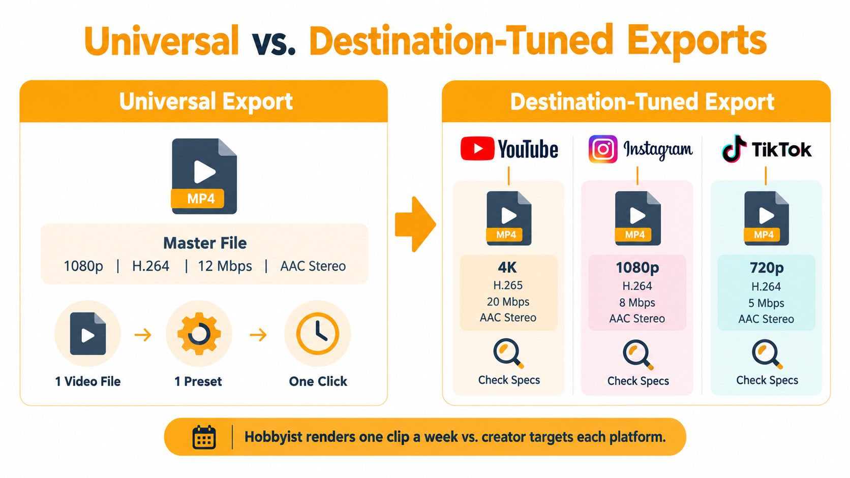 A comparison infographic showing a single universal video export versus multiple destination-tuned platform-specific video exports.