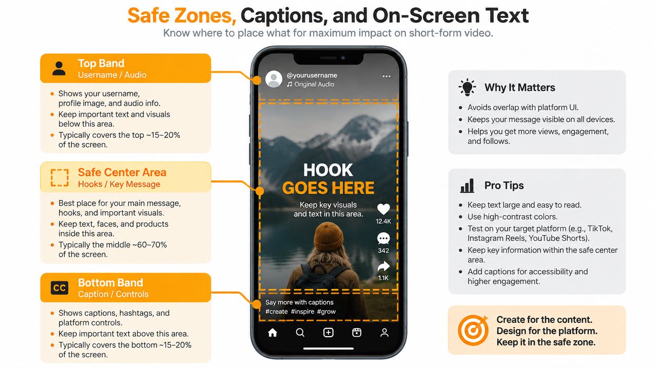 A diagram illustrating safe zones for short-form video content on mobile screens for better accessibility and visibility.