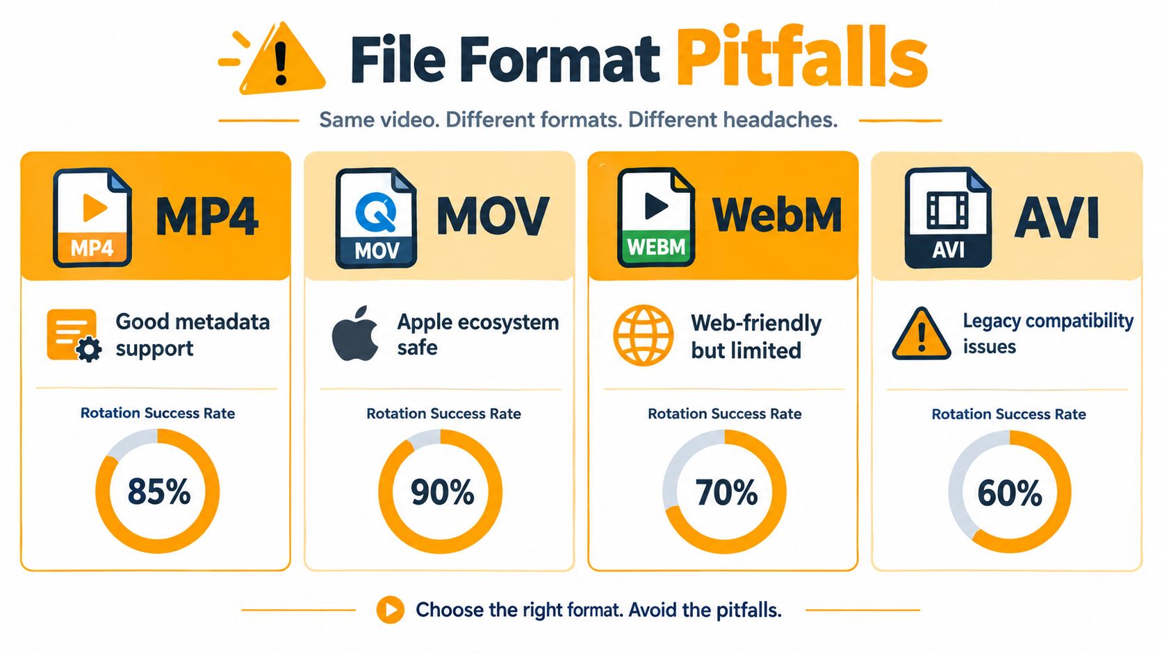 An infographic comparing the rotation success rates of MP4, MOV, WebM, and AVI video file formats.