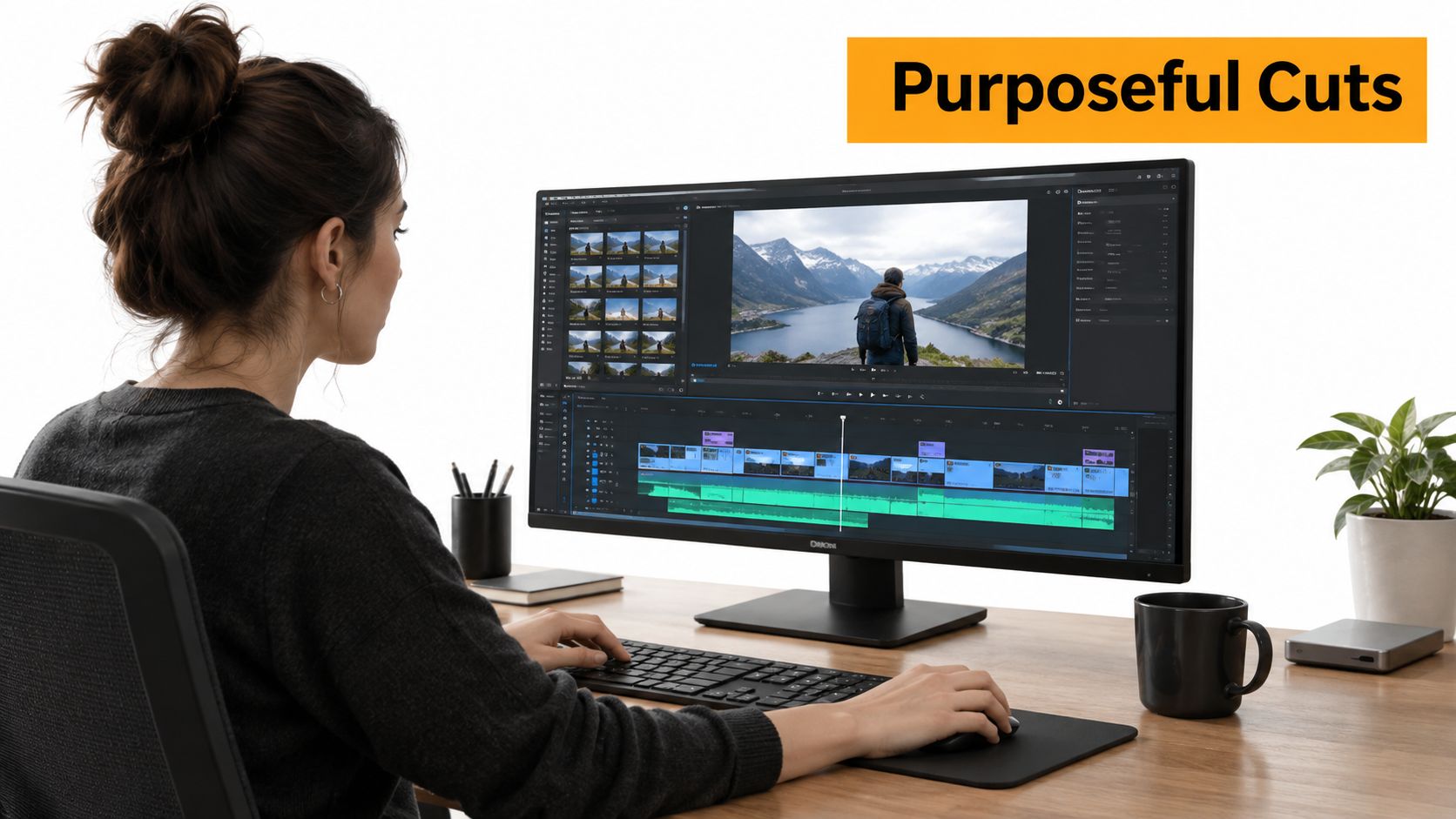 A woman working on video editing software on a computer monitor at her clean wooden desk.