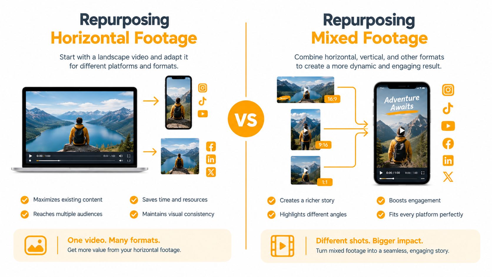 An infographic comparing strategies for repurposing horizontal versus mixed video footage for social media platforms.