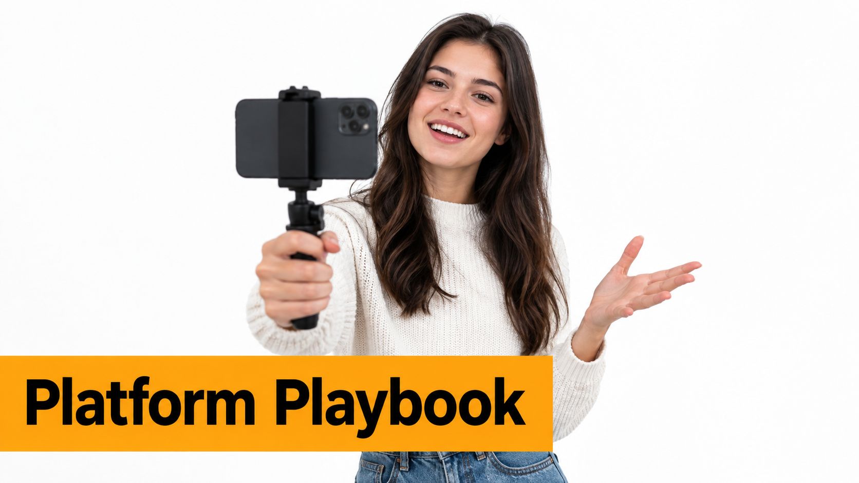 A smiling young woman holding a smartphone on a tripod while recording video content for social media.
