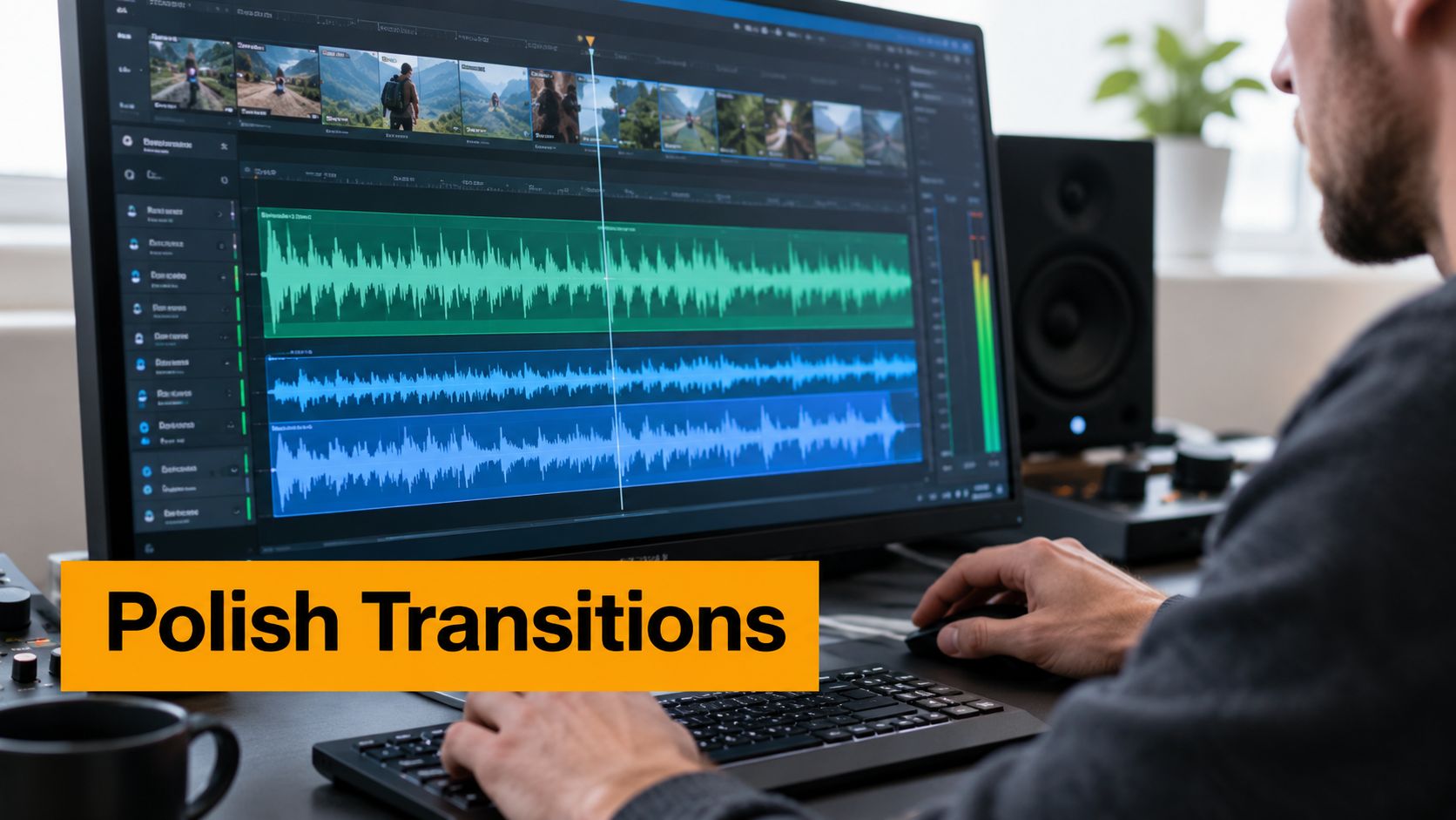 A professional video editor working on audio tracks and video transitions on a high-resolution computer monitor.