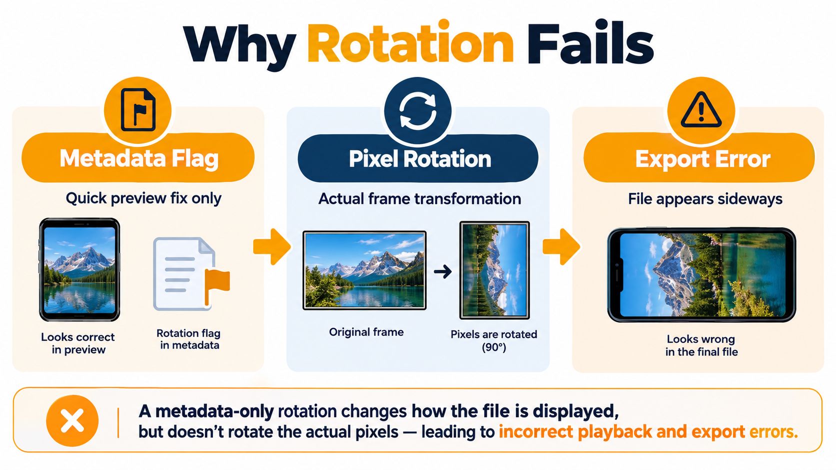 A diagram explaining why some video rotations fail by comparing metadata flags with actual pixel transformations.