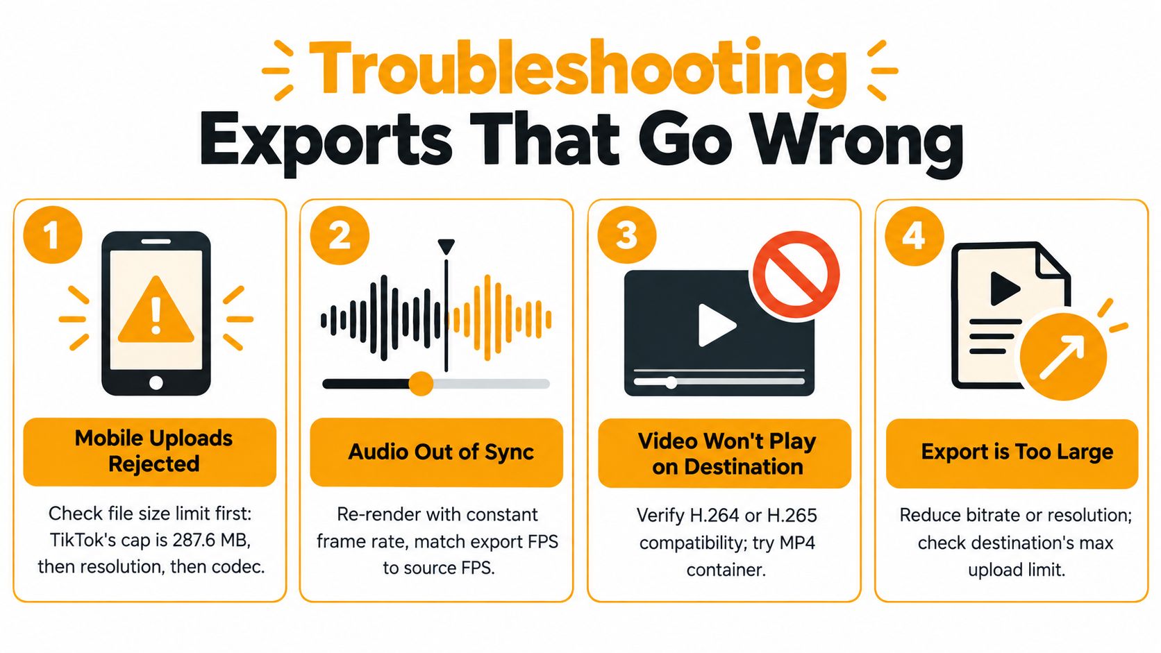 An infographic titled Troubleshooting Exports That Go Wrong, providing four key solutions for common video export issues.