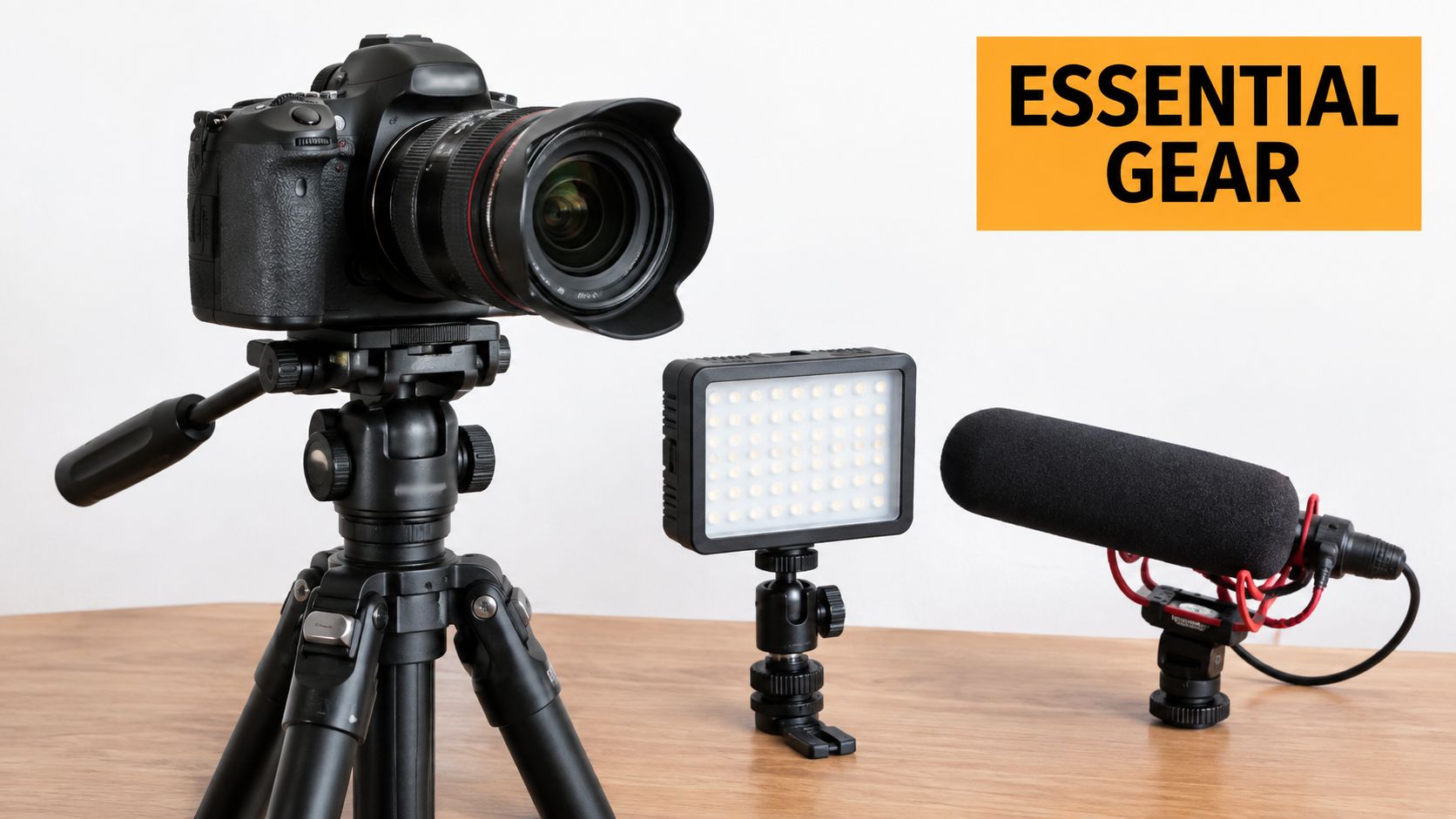 A camera on a tripod, an LED light panel, and a shotgun microphone on a wooden desk.