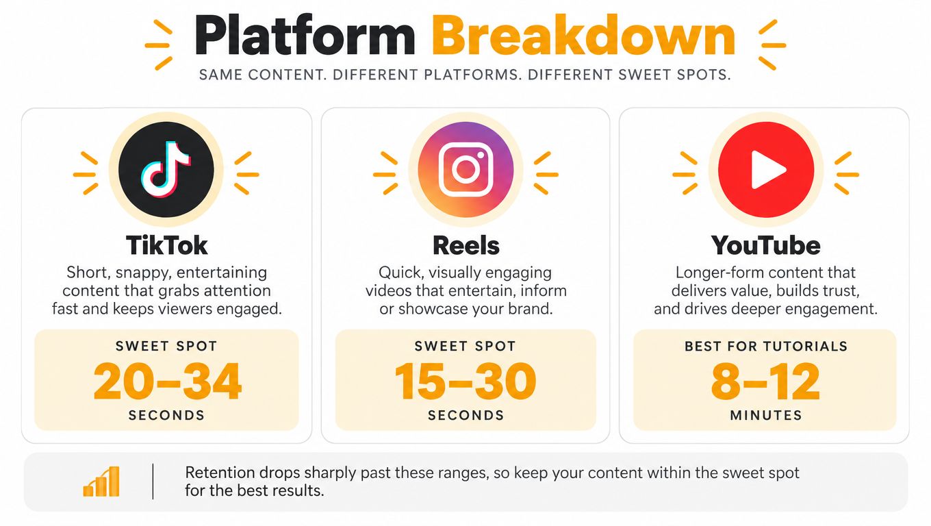An infographic comparing optimal video lengths for TikTok, Reels, and YouTube platforms to maximize audience retention.