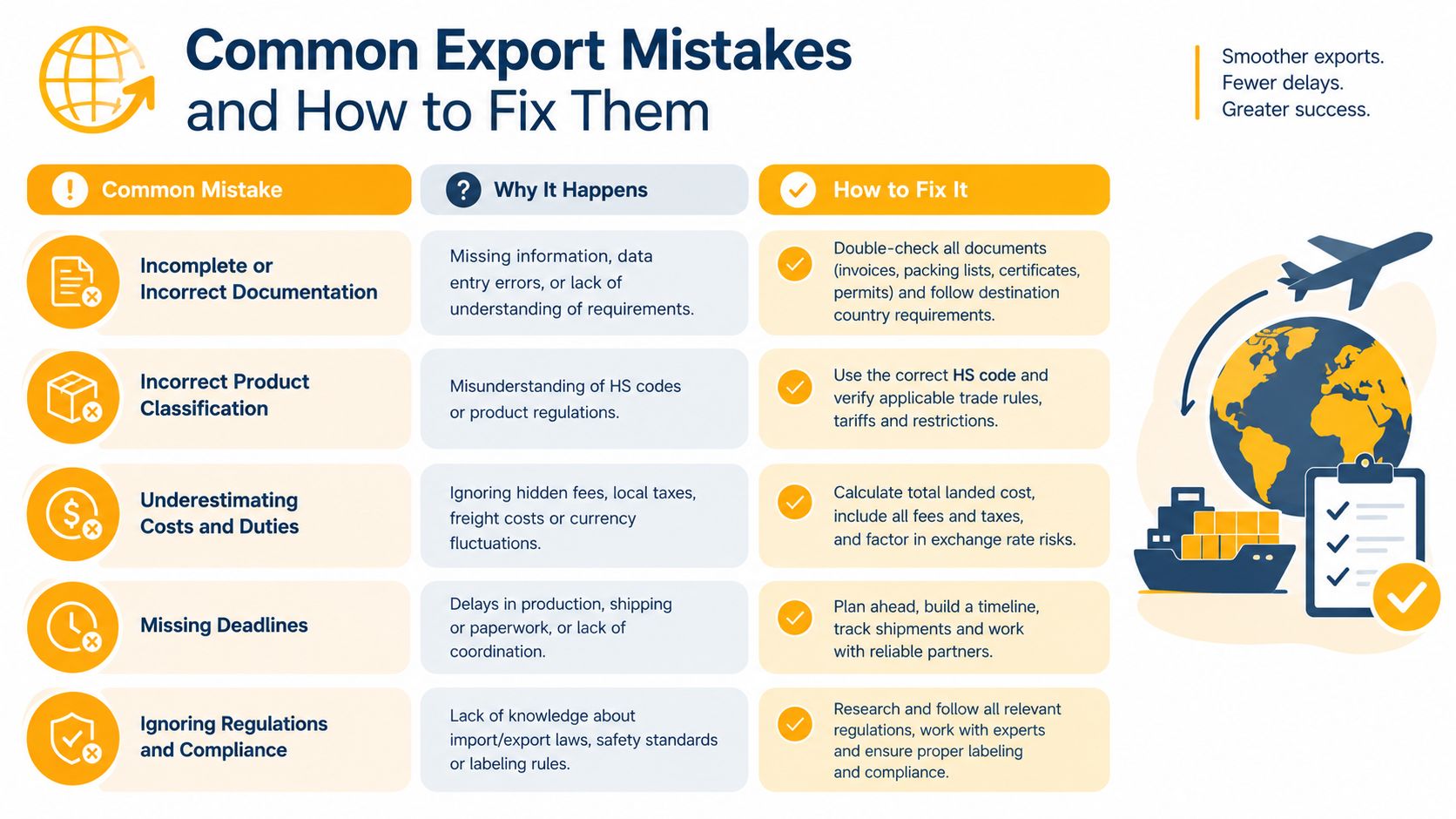 A table outlining common export mistakes and providing practical solutions to avoid shipping delays and ensure success.