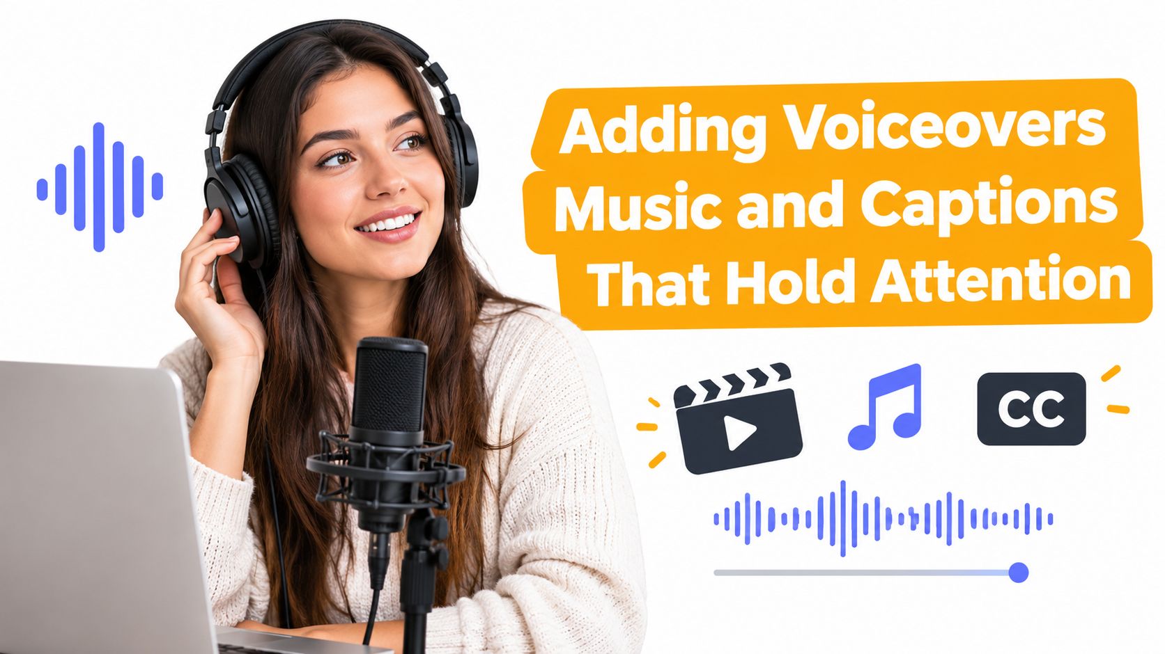 A woman wearing headphones speaking into a microphone, representing voiceover and video editing content creation.