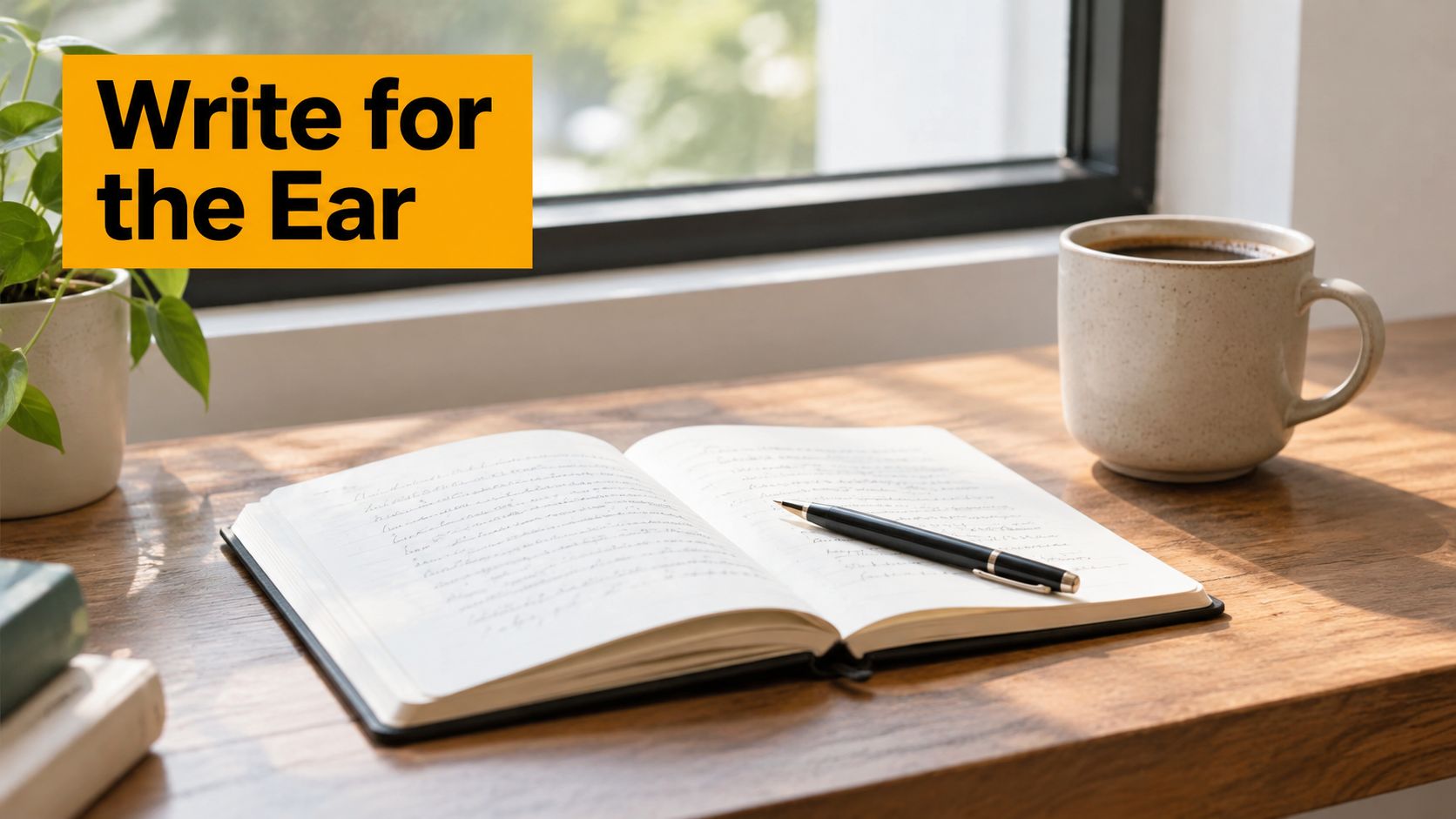 An open notebook with a pen, a coffee mug, and a houseplant on a wooden desk.