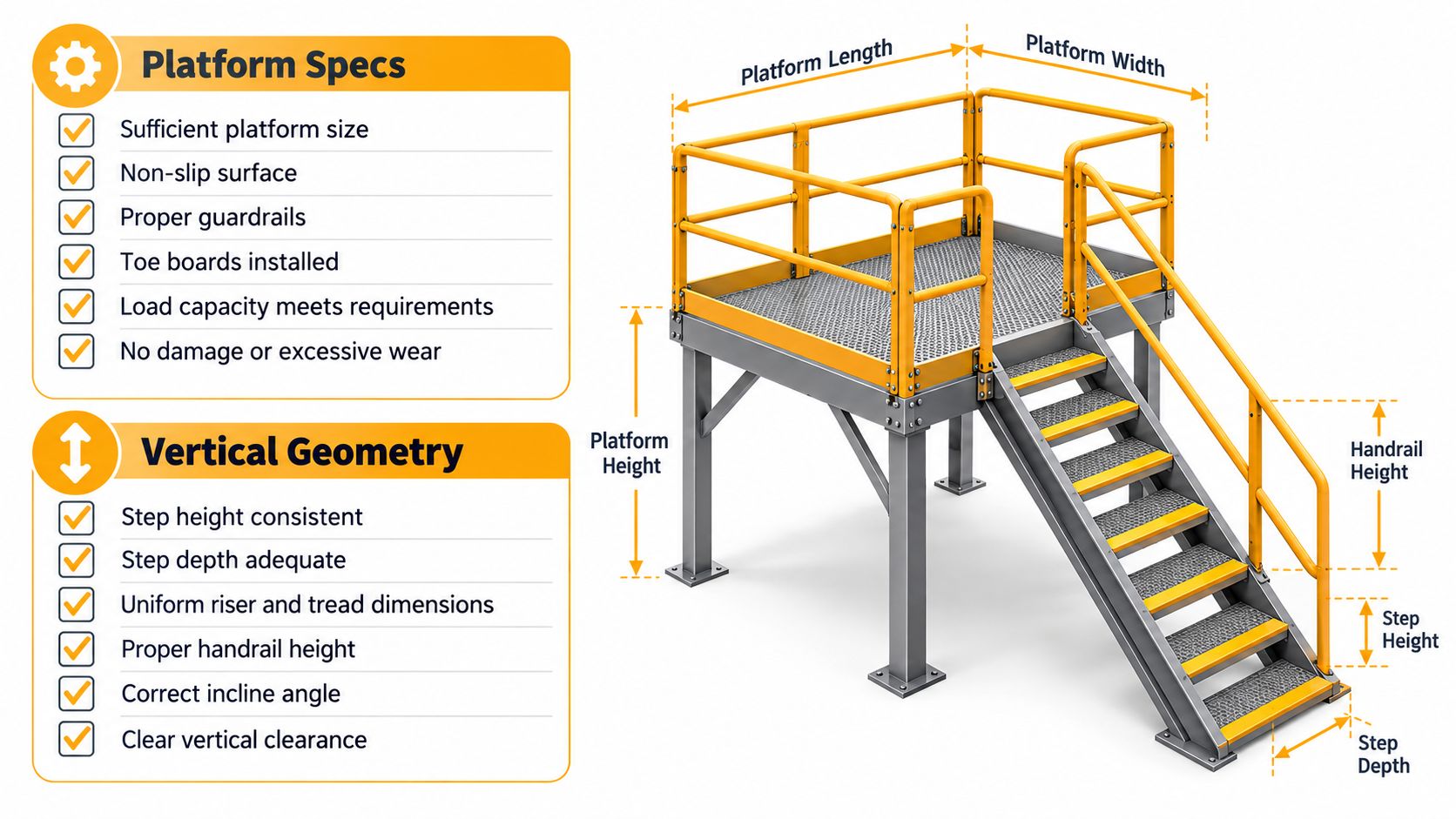 An industrial platform illustration highlighting safety specifications and vertical geometry dimensions for compliant workplace access equipment.