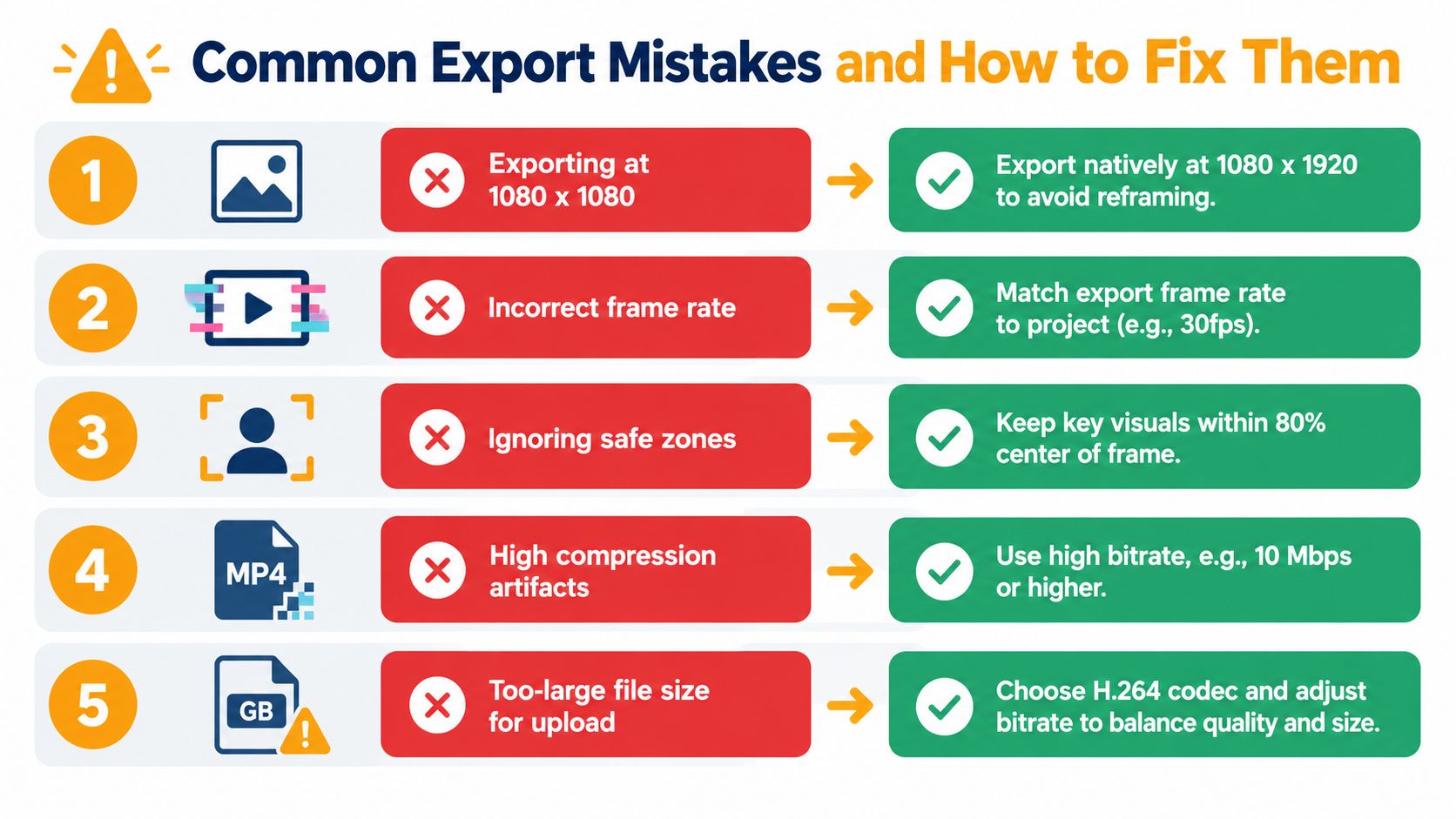 An infographic titled Common Export Mistakes and How to Fix Them illustrating five video editing tips.