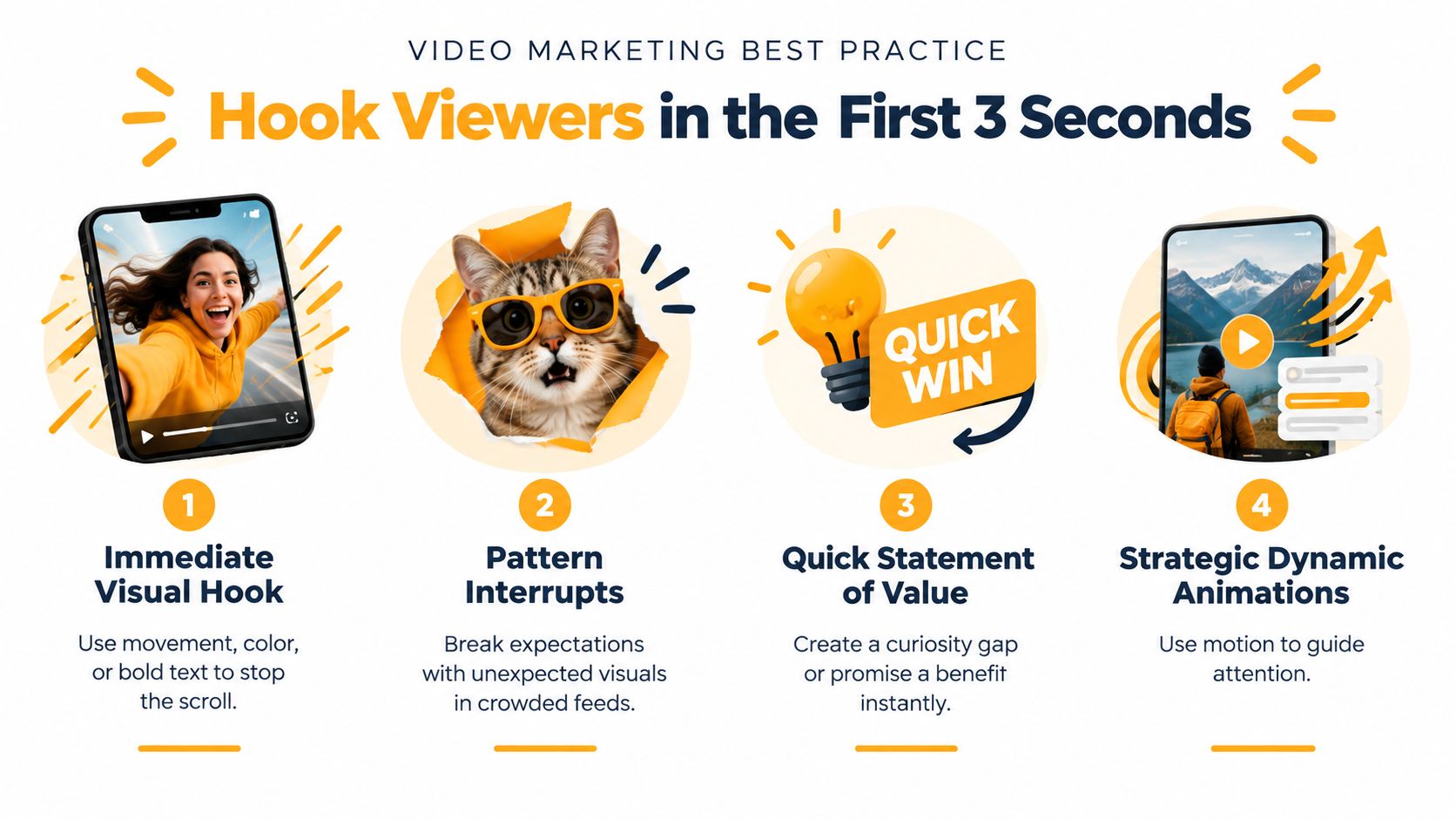 An infographic illustrating four video marketing best practices to help capture viewer attention in the first three seconds.