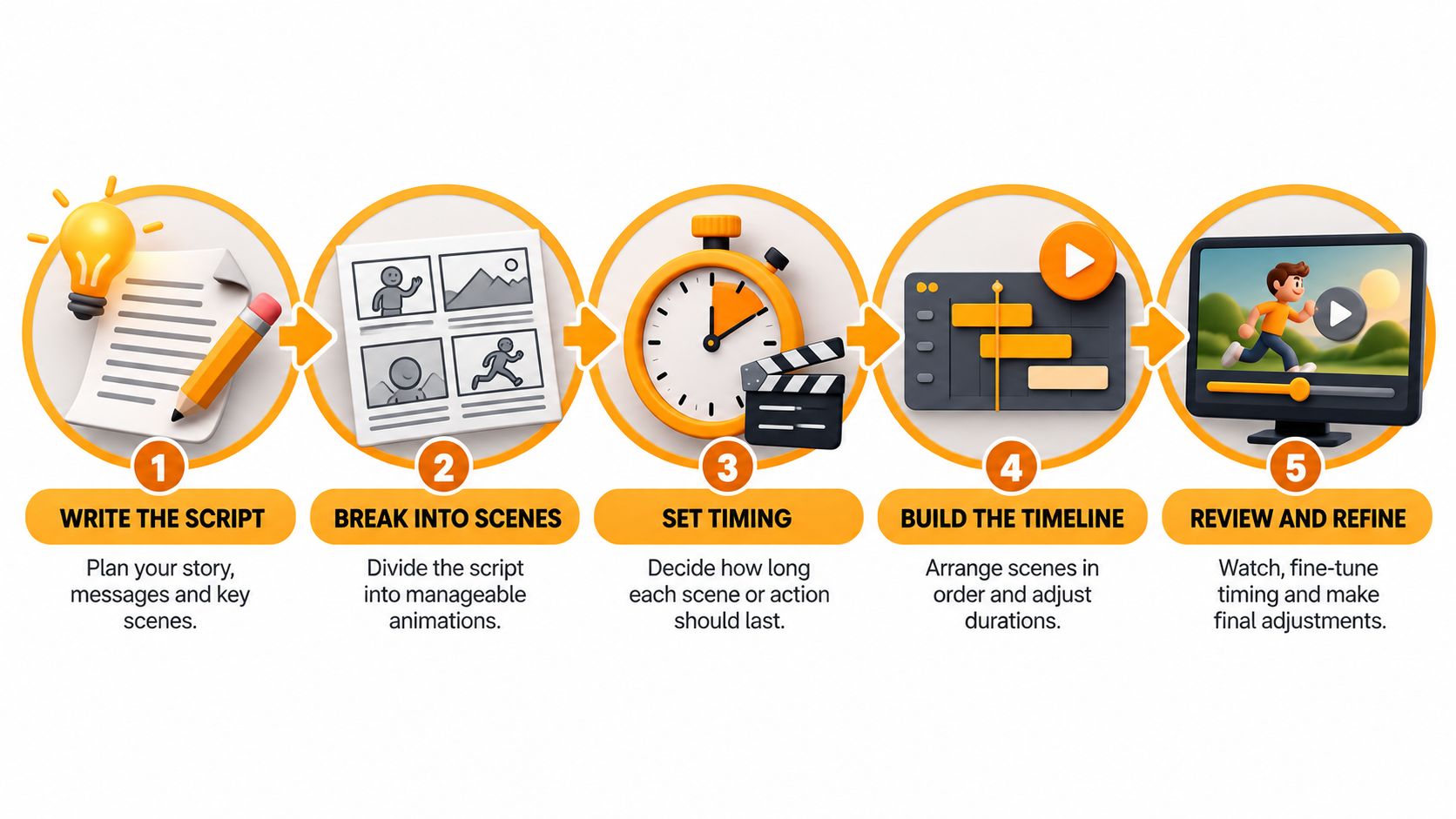 A five-step infographic showing the process of creating an animated video from script to final review.