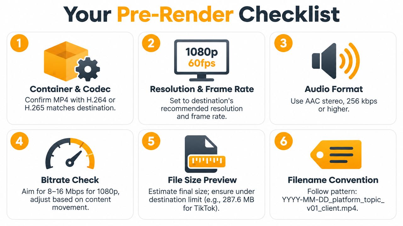 A six-step pre-render checklist infographic for optimizing video export settings including codec, resolution, and bitrate.