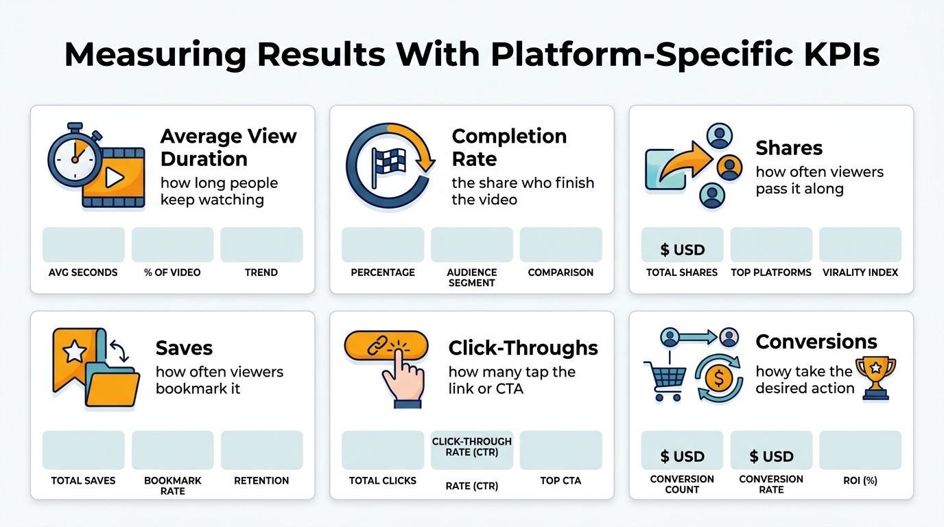 A diagram illustrating six key performance indicators for measuring the success of social media video content strategies.