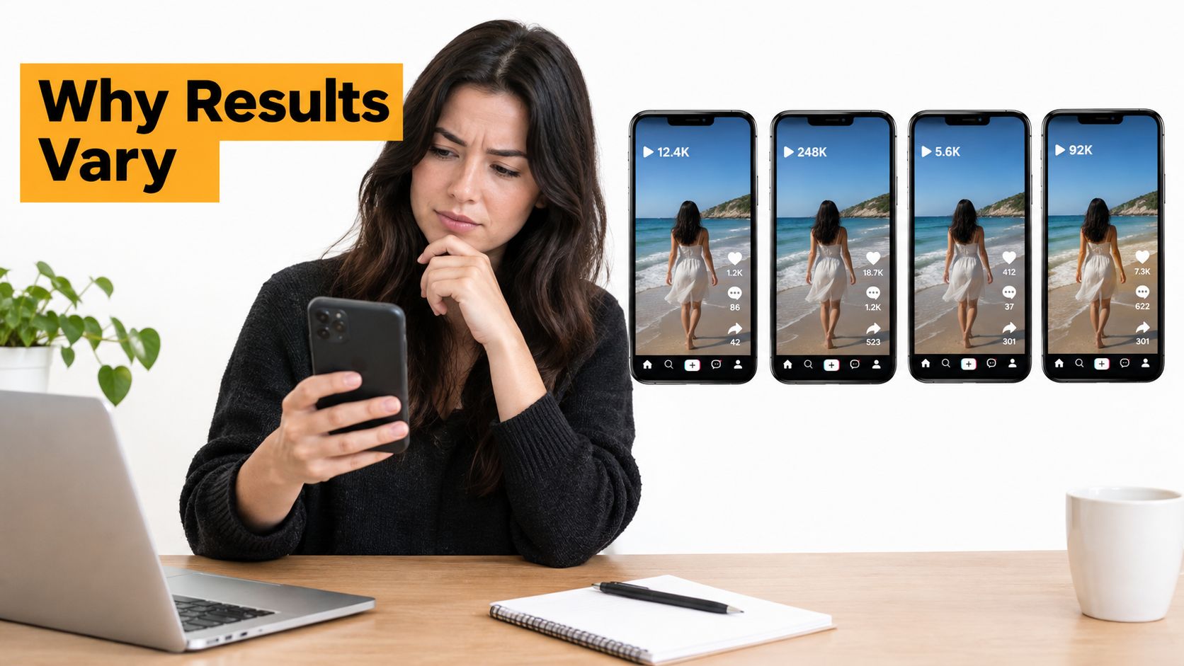 A young woman looks thoughtful while viewing varying social media video metrics on her smartphone screen.