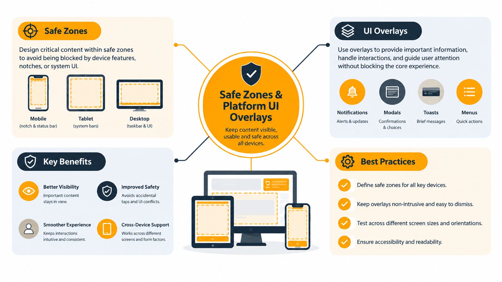 An infographic showing guidelines for UI design safe zones and overlays across mobile, tablet, and desktop devices.