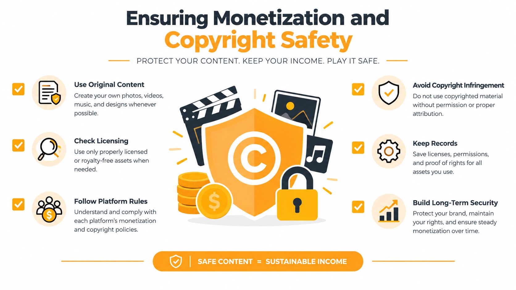An infographic titled Ensuring Monetization and Copyright Safety outlining tips for protecting content and maintaining online revenue.