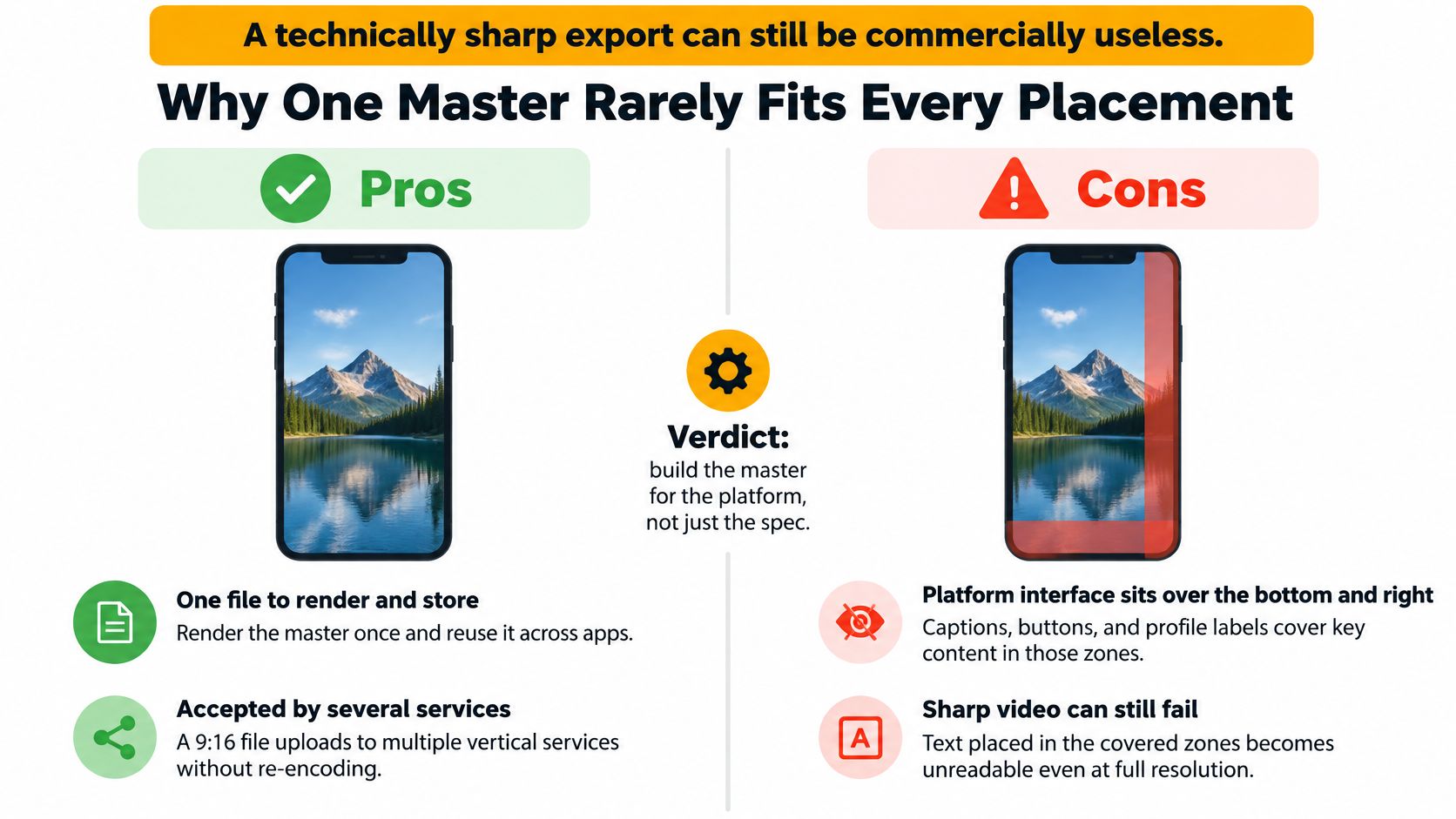 An infographic illustrating why using one master video file often fails due to platform interface overlays.