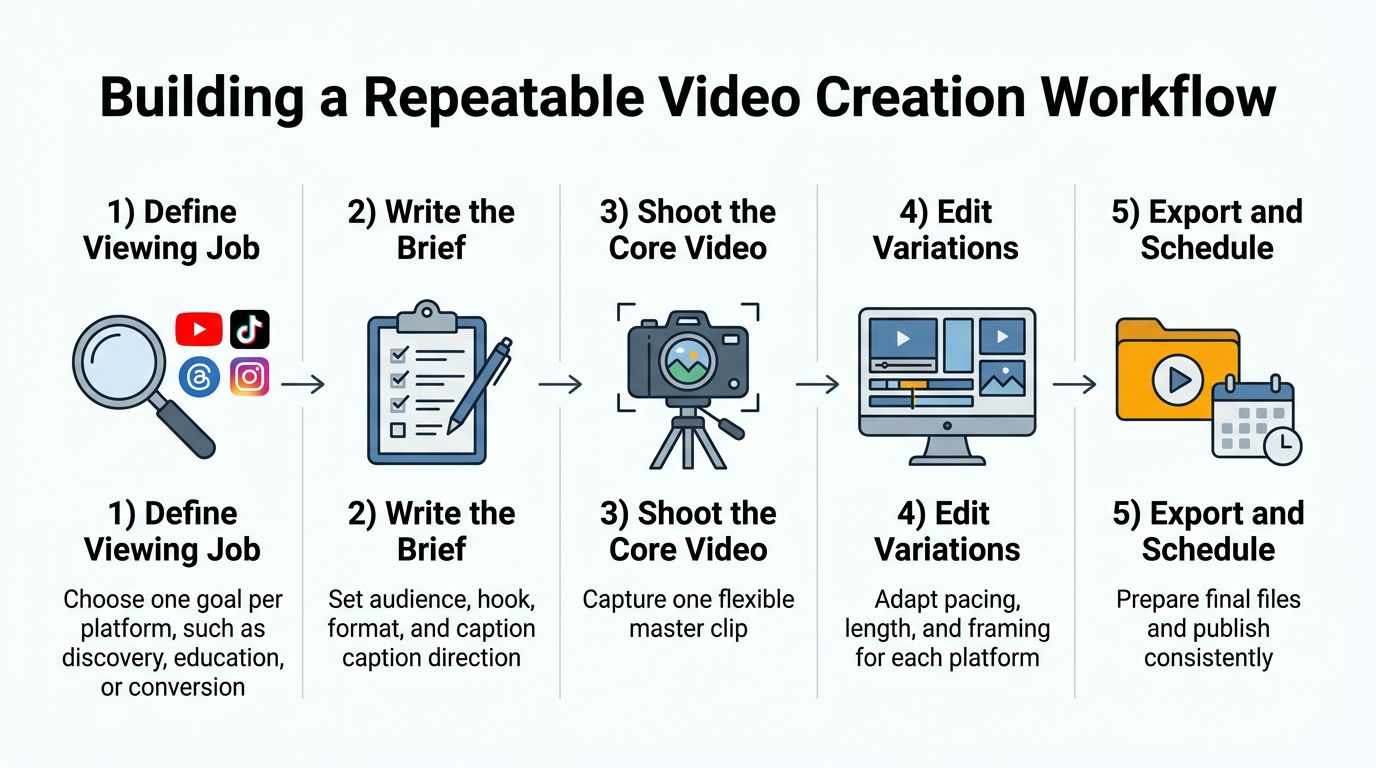 A five-step workflow diagram illustrating the process for creating repeatable social media video content for digital platforms.