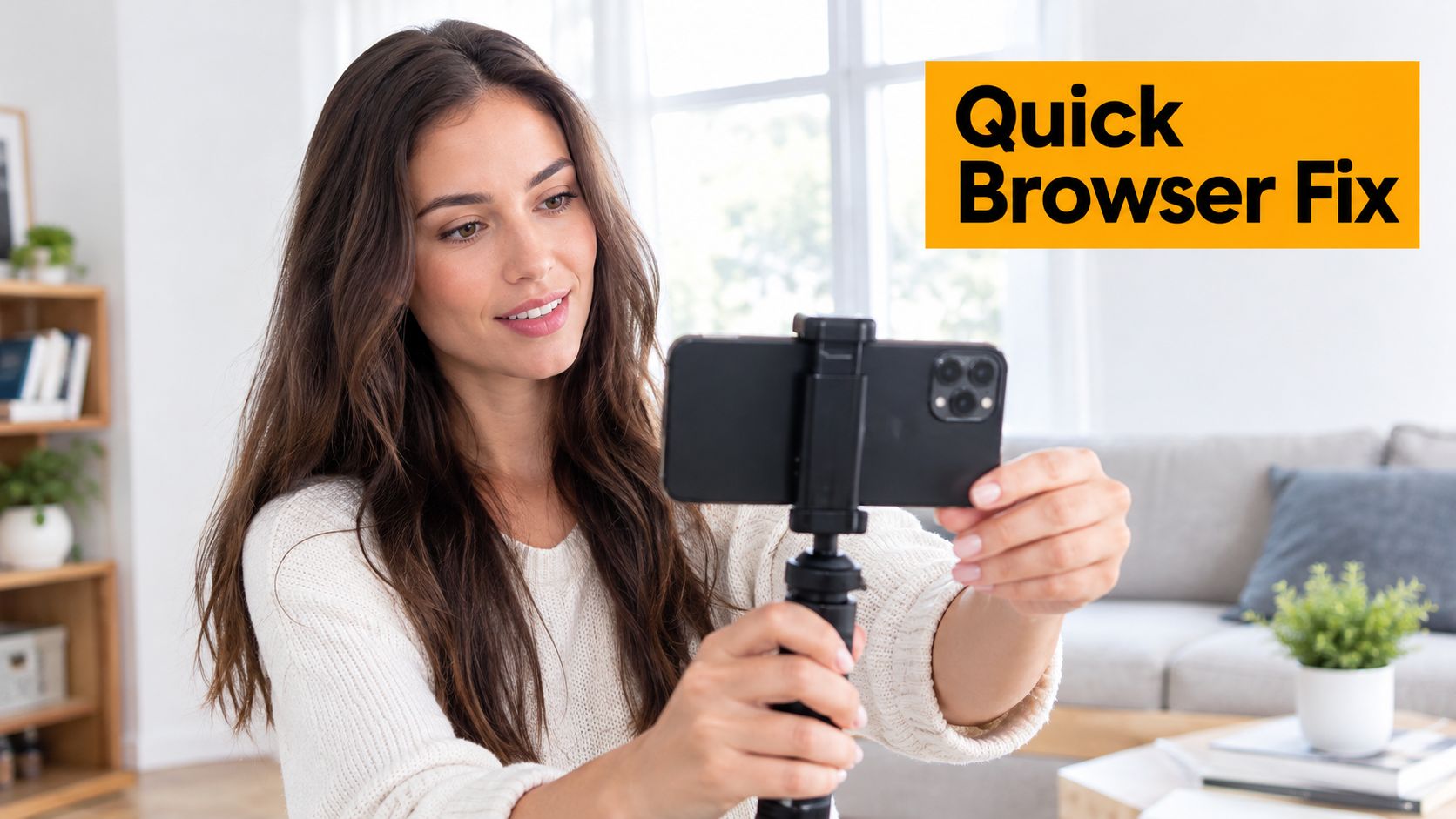 A young woman holding her smartphone on a tripod while looking at the screen to record video.